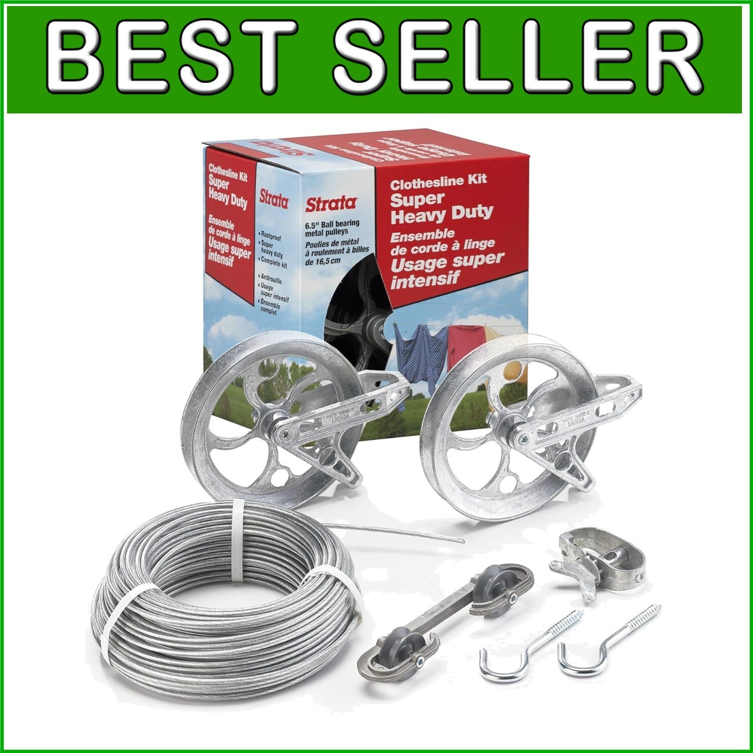 150 Feet Heavy-Duty PVC Coated Clothesline Kit - Complete with Pulleys and Hooks