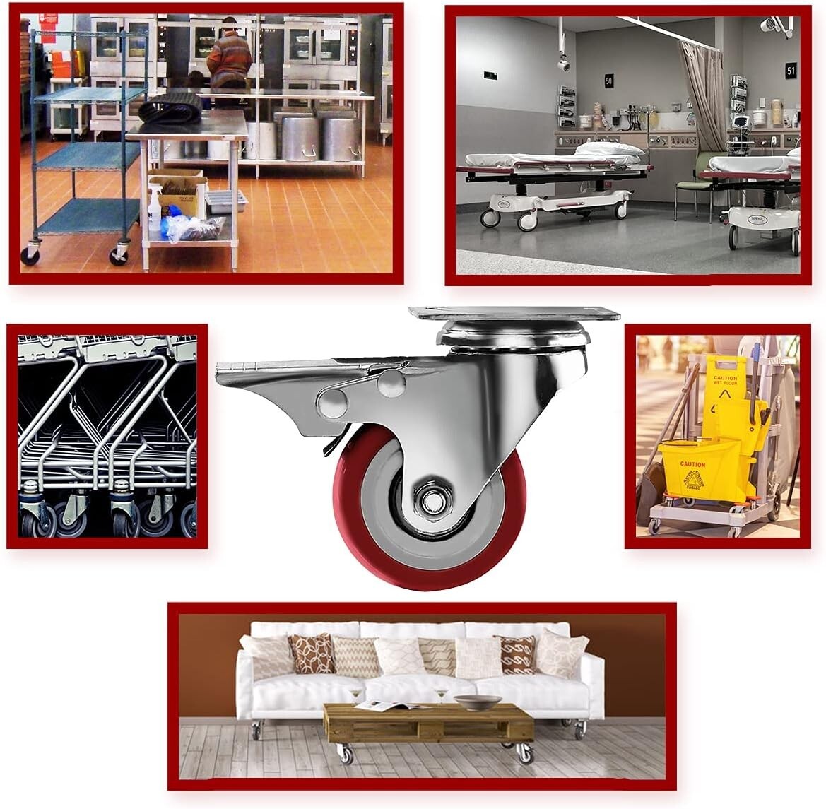 Durable 2" Red Polyurethane Caster Wheels - 360-Degree Maneuverability Set of 24