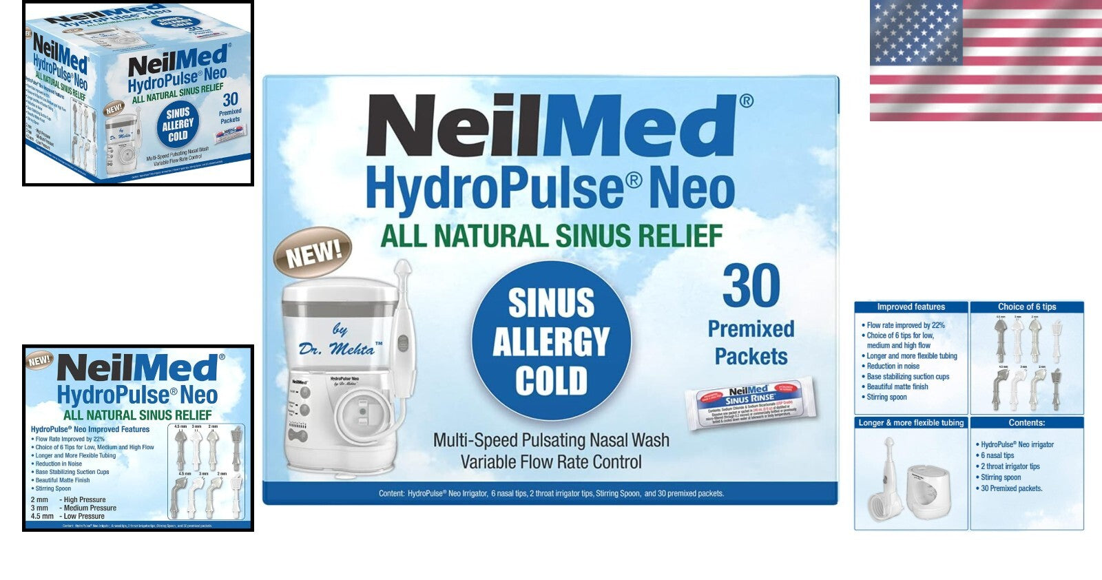 Electric Pulsating Nasal Irrigator with 30 Rinse Packets & Multiple Flow Options