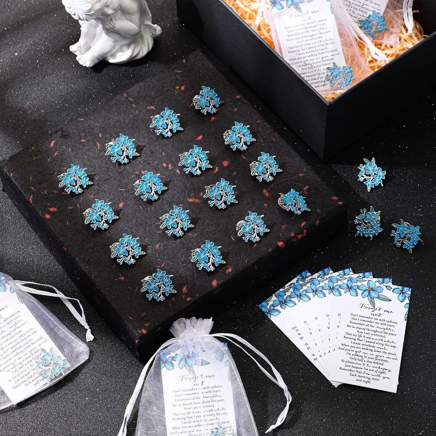 Forget Me Not Memorial Brooches: 90 Sets of Elegant Pins & Thank You Cards