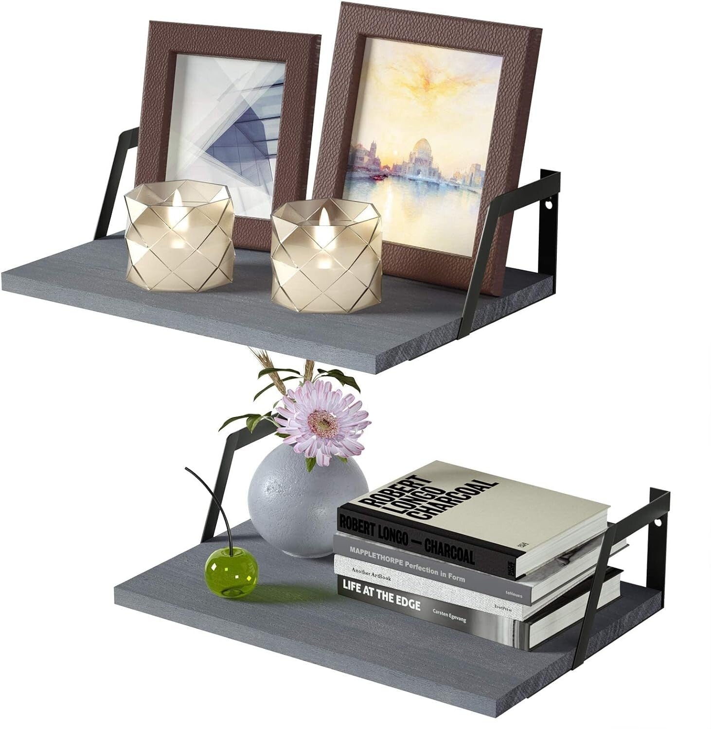 Rustic Floating Shelves Set of 2 - Weathered Gray Wood with Large Capacity
