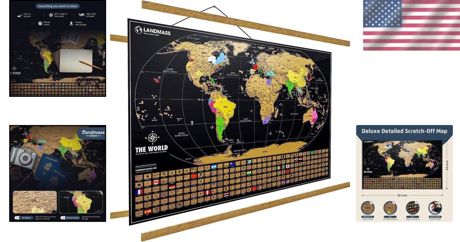 Large Matte Black Scratchable World Map with Flags and Wood Frame - Travel Decor