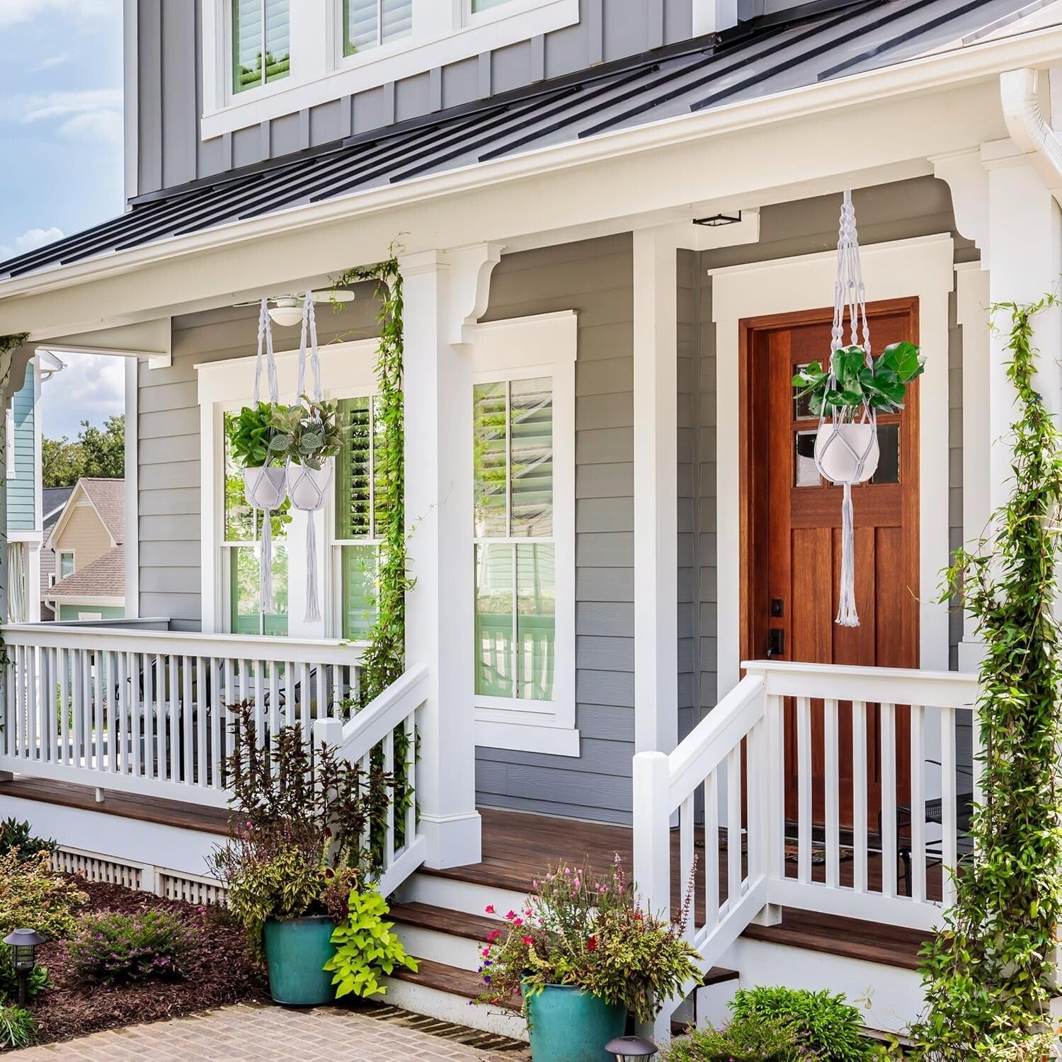 Versatile 6-Pack Plant Holders with Macrame Design - Indoor/Outdoor Use