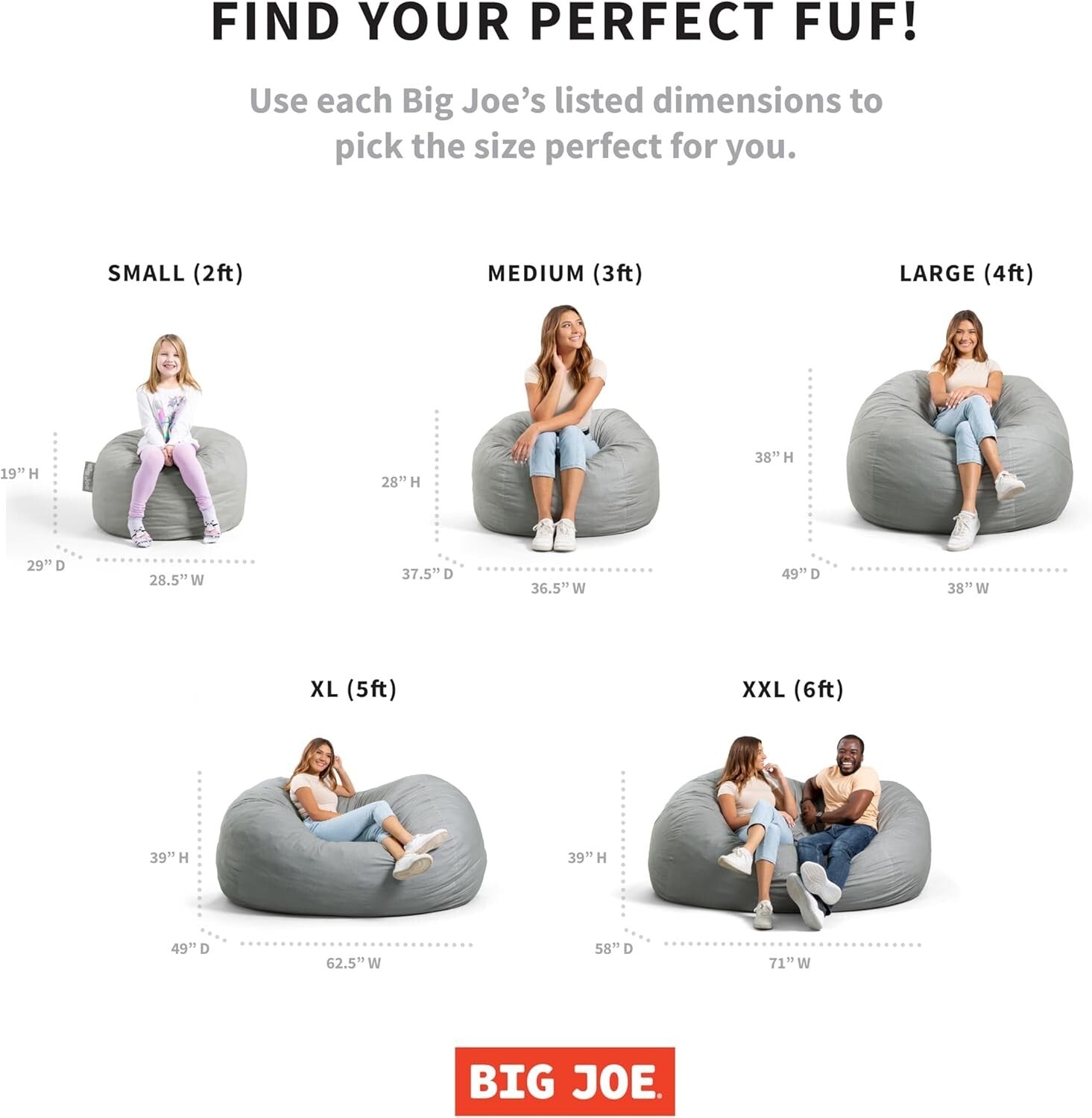 Fuf XXL 7-Foot Grey Foam Bean Bag Chair - Plush, Removable Cover For Comfort