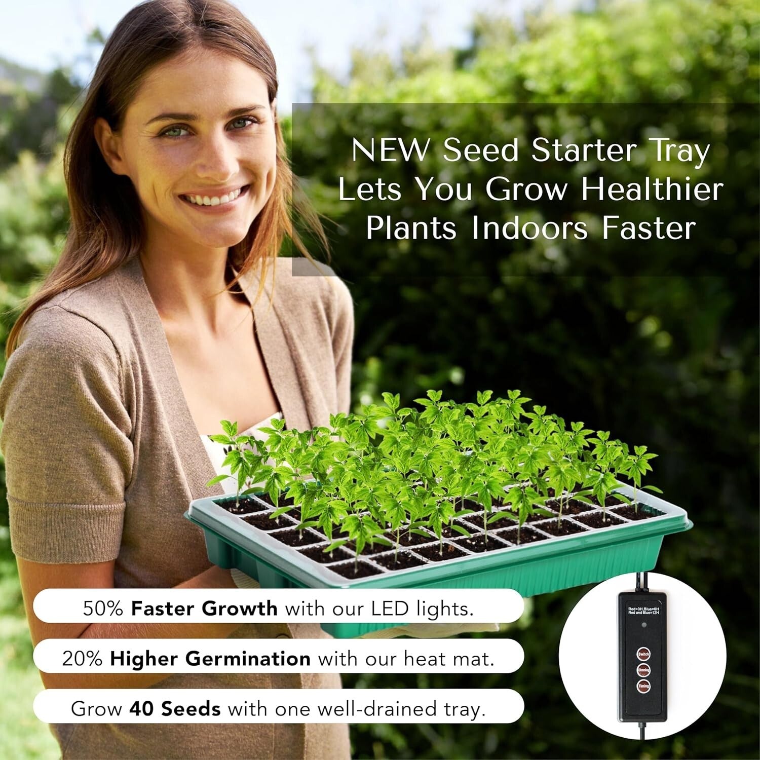 Advanced Seed Starter Tray with Heat Mat, Soil Meter & Gnat Traps - Indoor Use