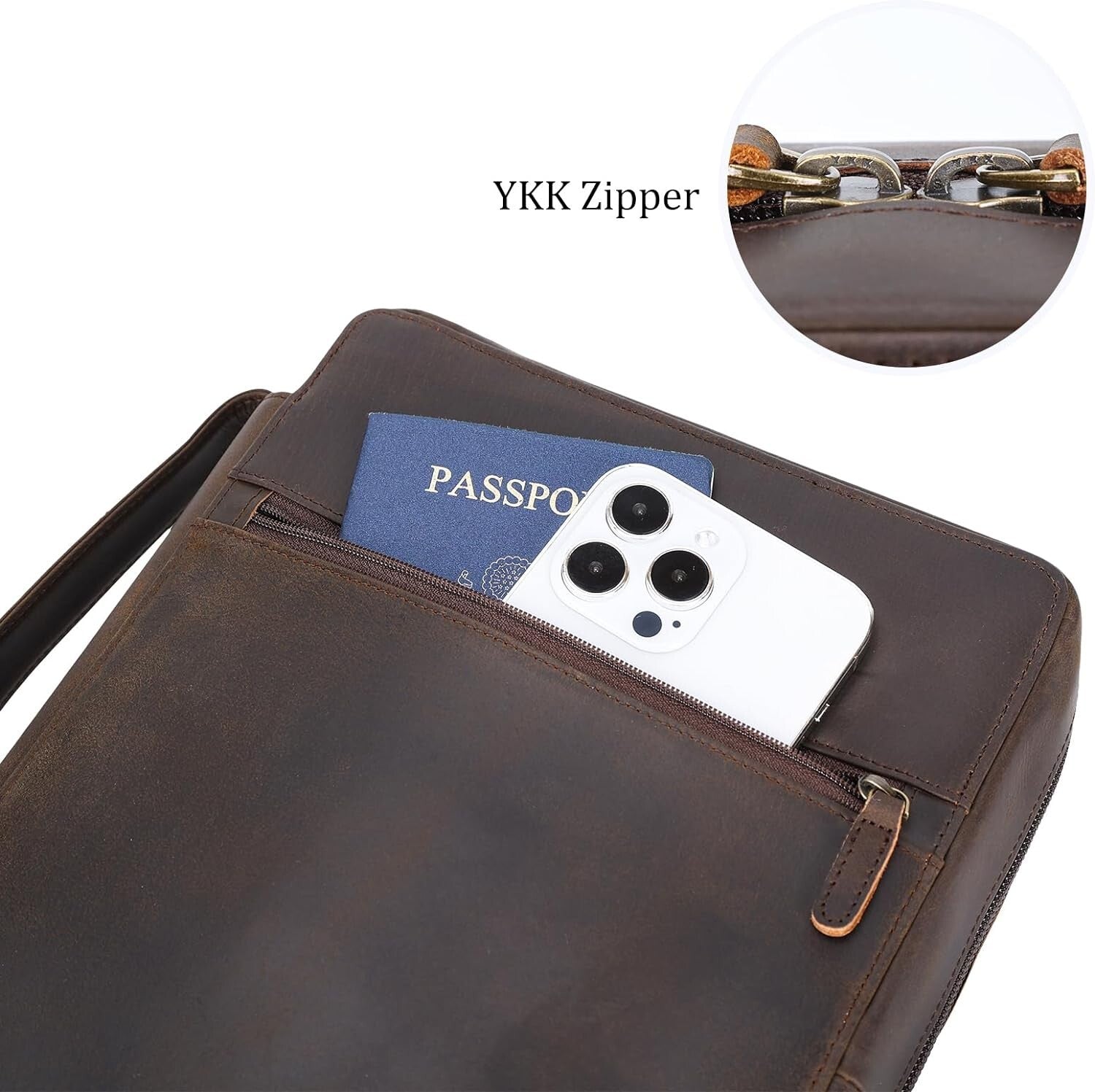 Luxurious Leather Bible Carrying Case Organizer with Zipper Closure - Dark Brown