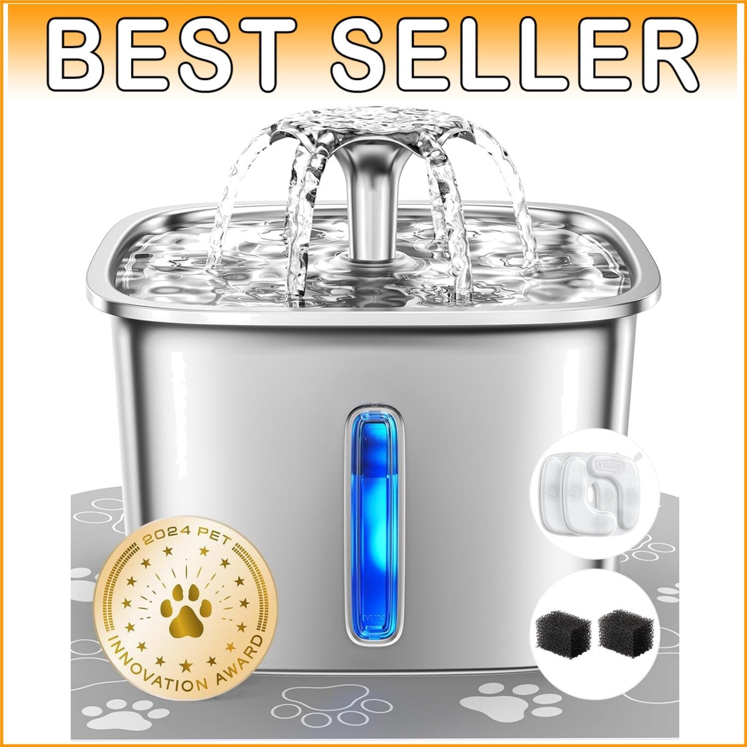 Hygienic 95oz Stainless Steel Cat Water Fountain with Light & Filters Included