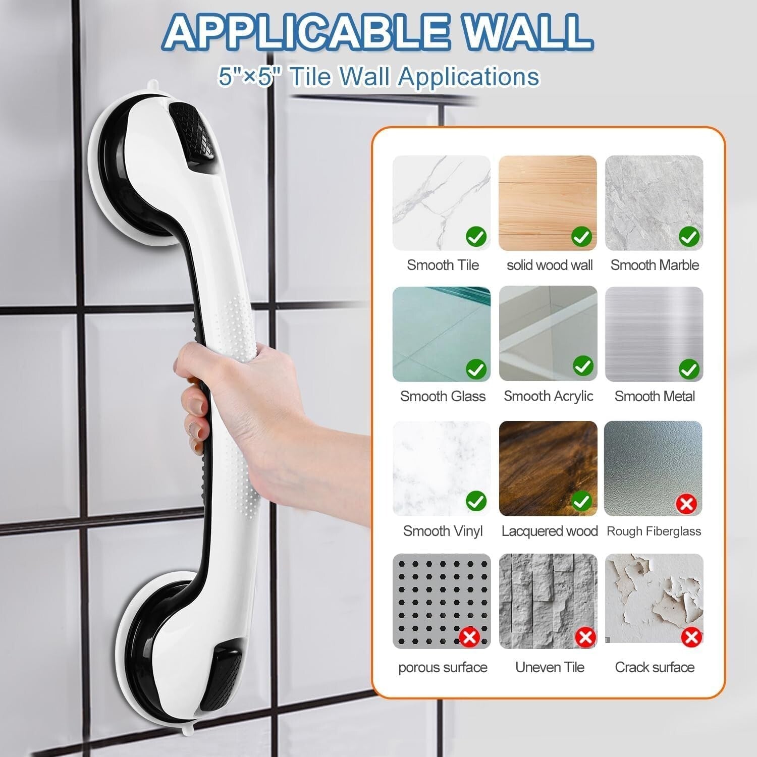 Easy Install 16” Suction Grab Bars - Black Shower Handles for Safety (2 Pack)