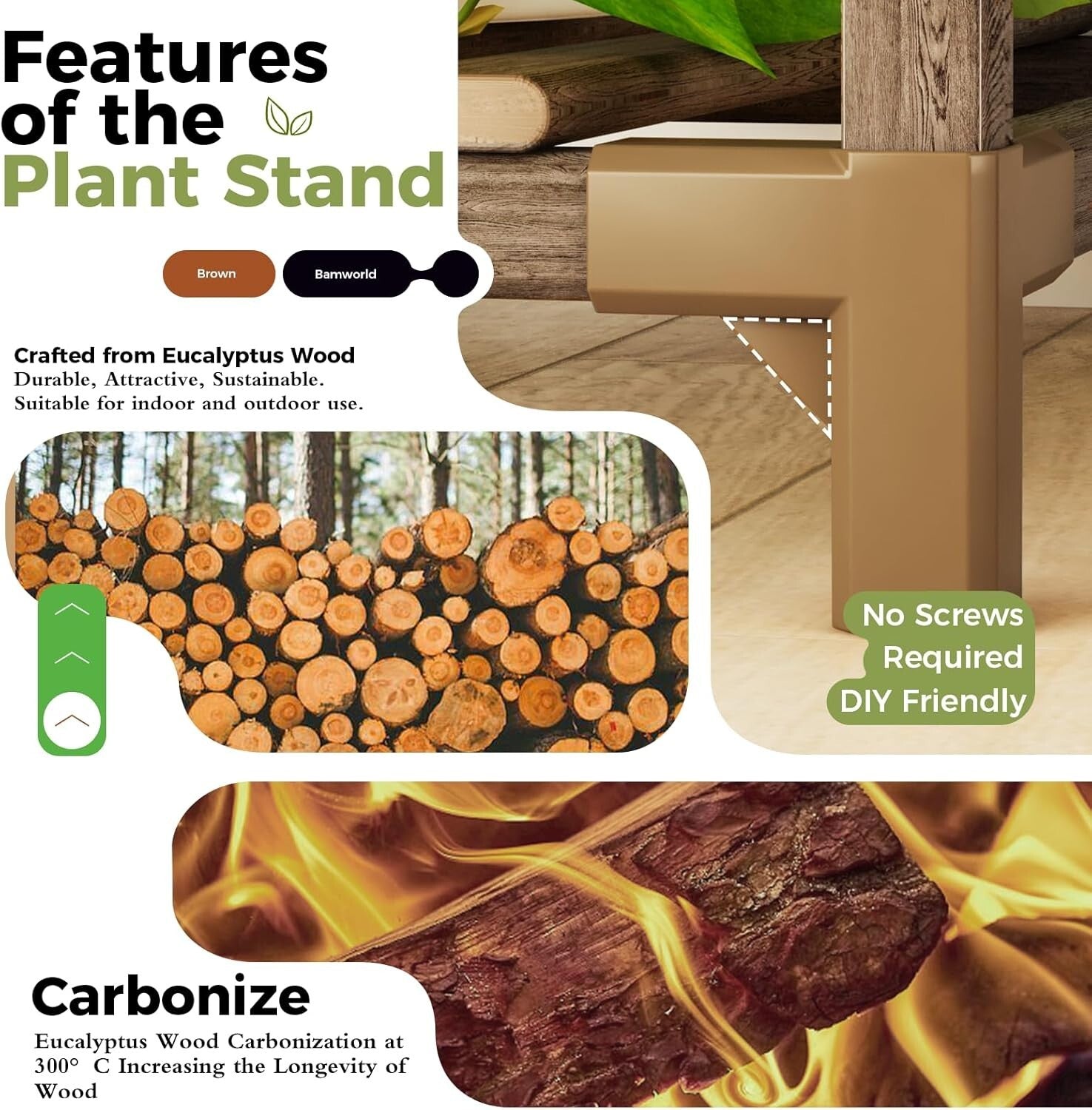 Durable Carbonized Wood Plant Stand with Built-in Grow Lights – Versatile Rack