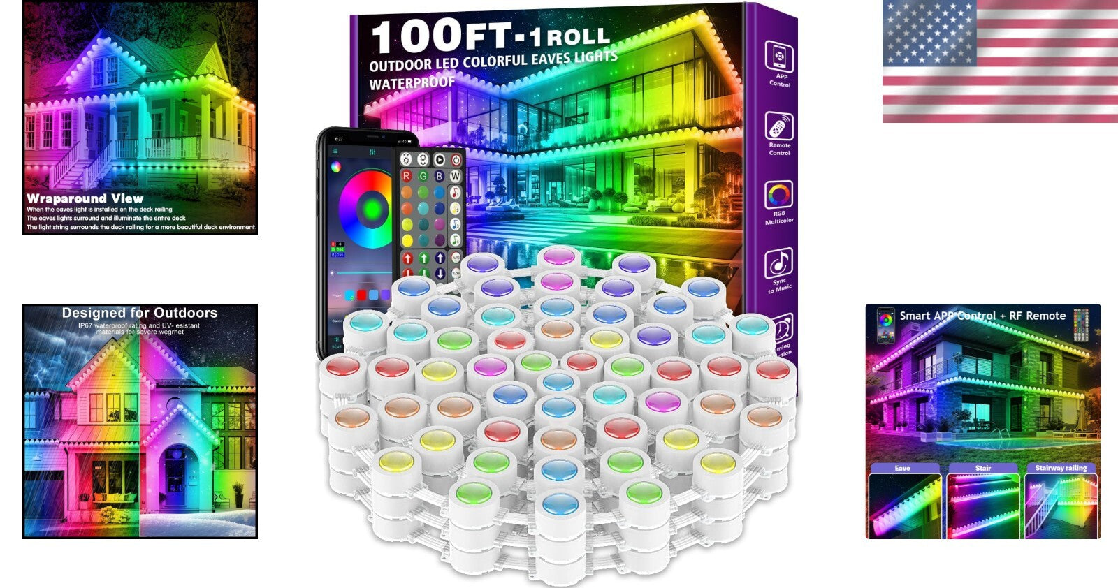 100FT RGB Eaves Lights - Smart App Control with Custom Scenes for Outdoor Decor