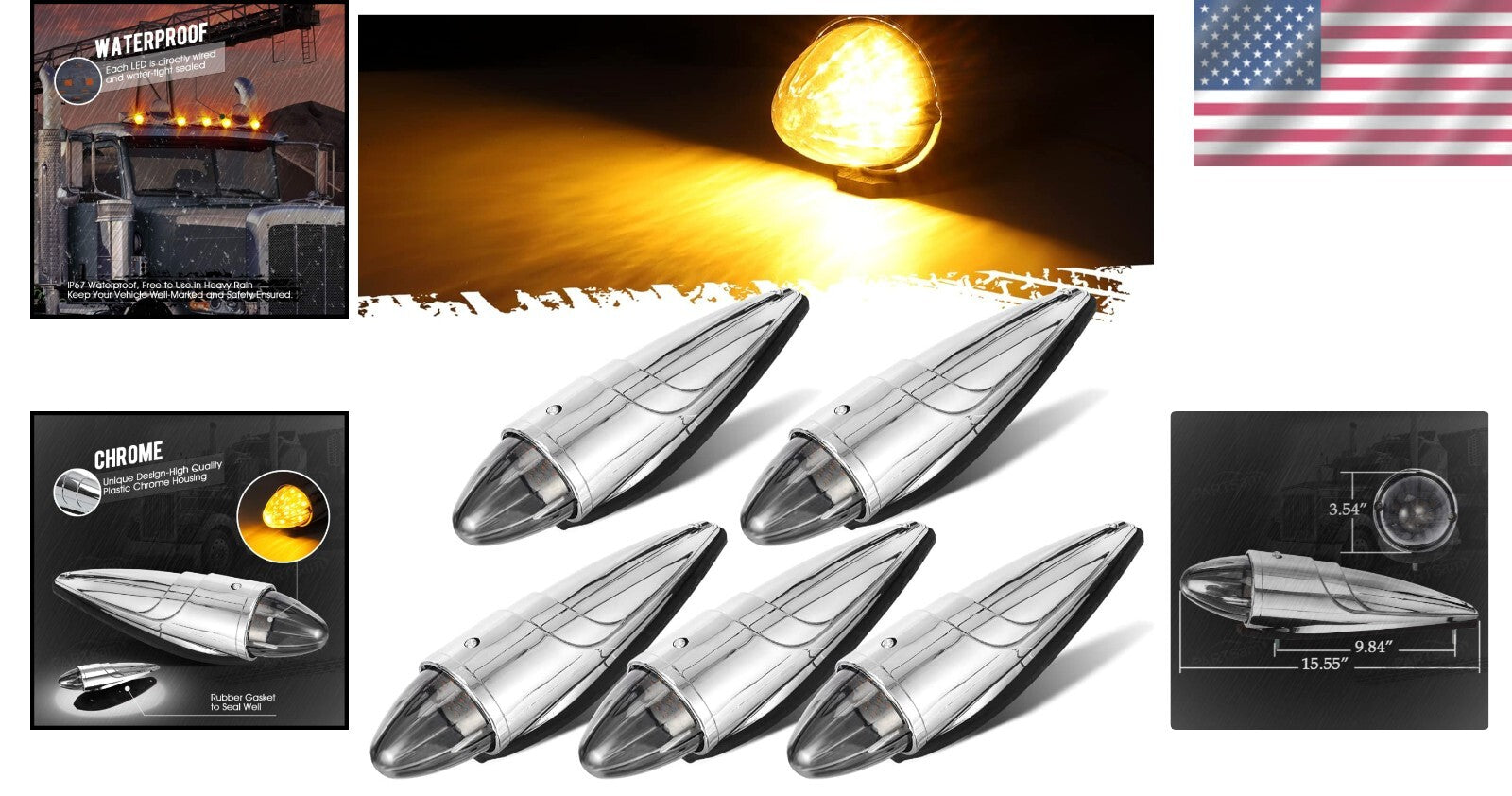 Premium 21 LED Amber Smoke Cab Lights for Kenworth, Peterbilt, & Freightliner