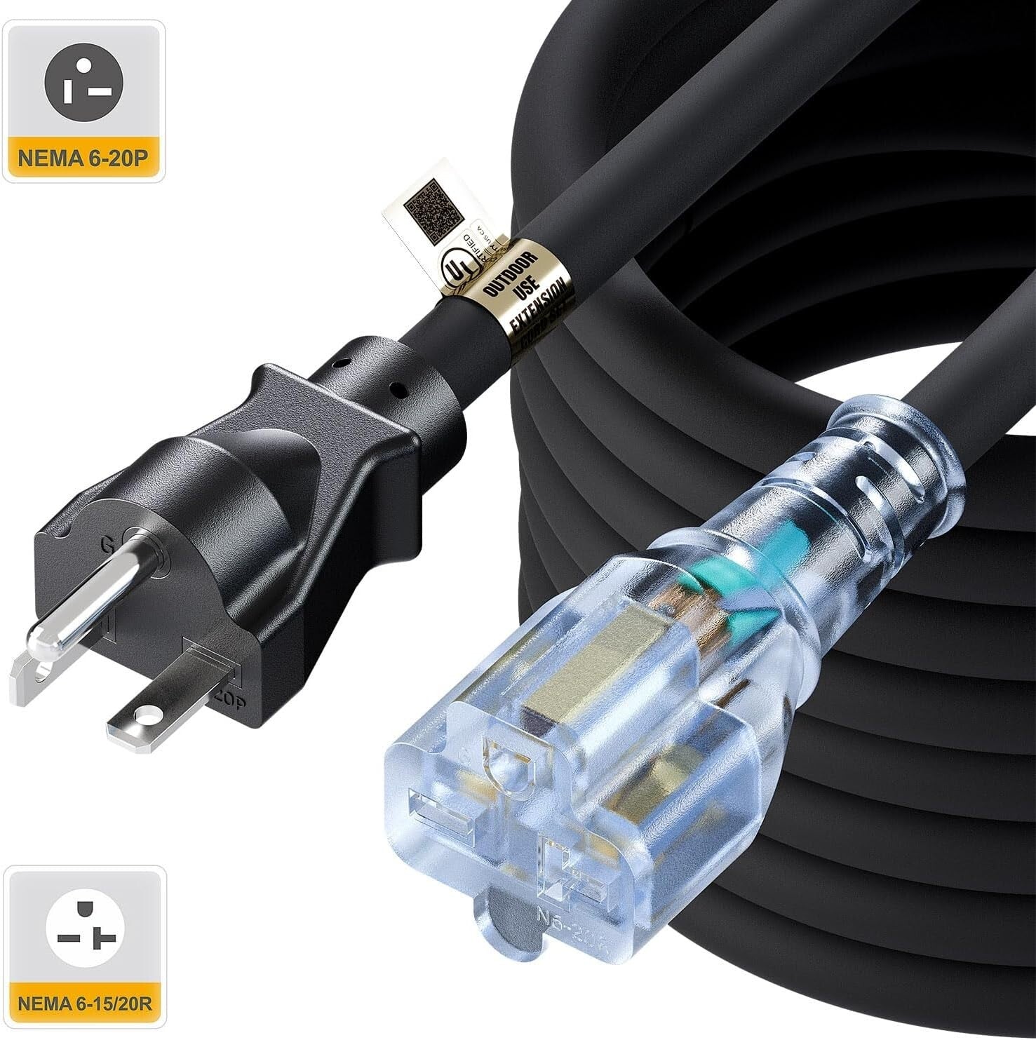 25-Feet / 7.65M Heavy Duty 20 Amp Nema 6-20P Extension Cord with Indicator Light