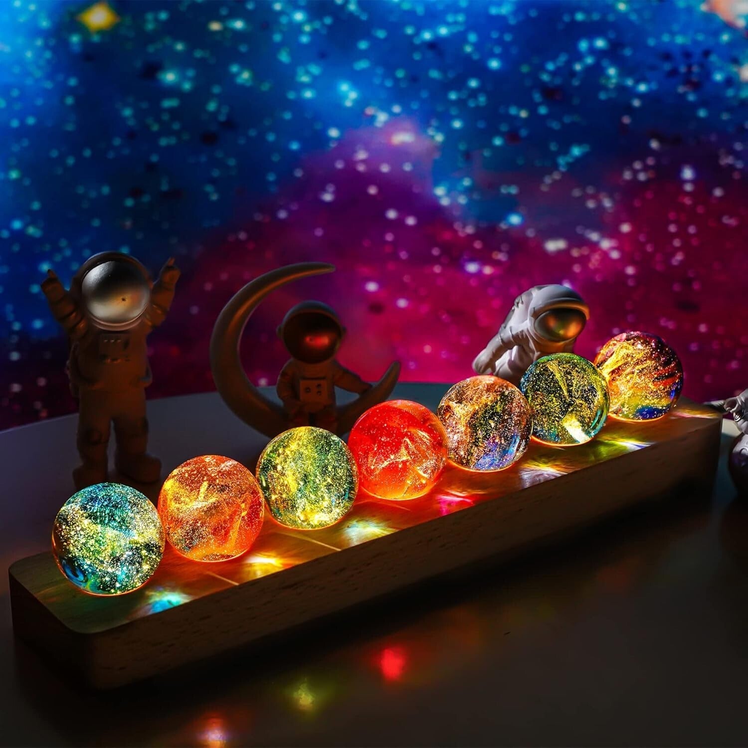 Multicolor 7 Chakra Crystal Spheres on Wooden LED Base - Perfect Gift Set