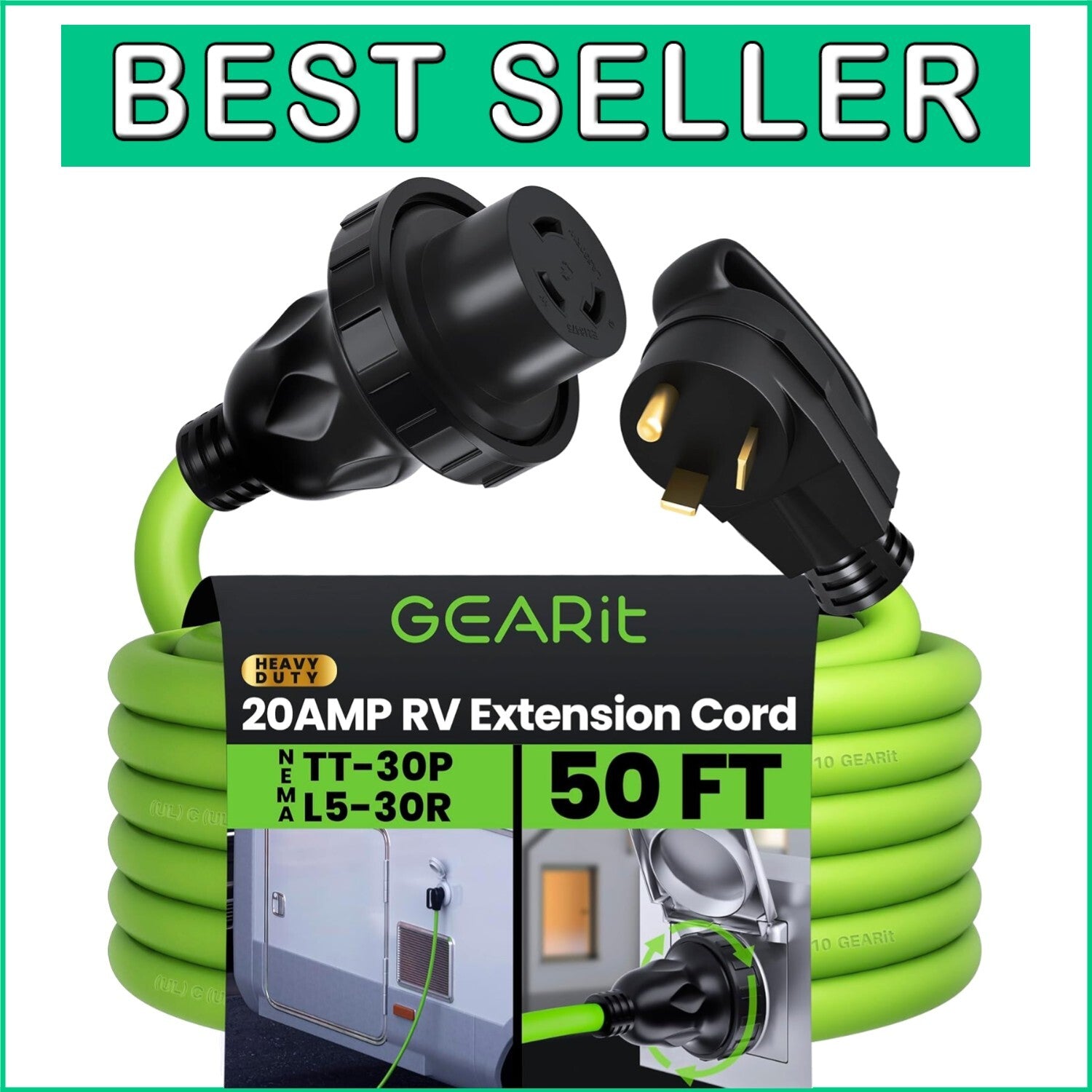 50FT Weather Resistant 20A RV Power Cord with NEMA TT-30P & L5-30R Connectors