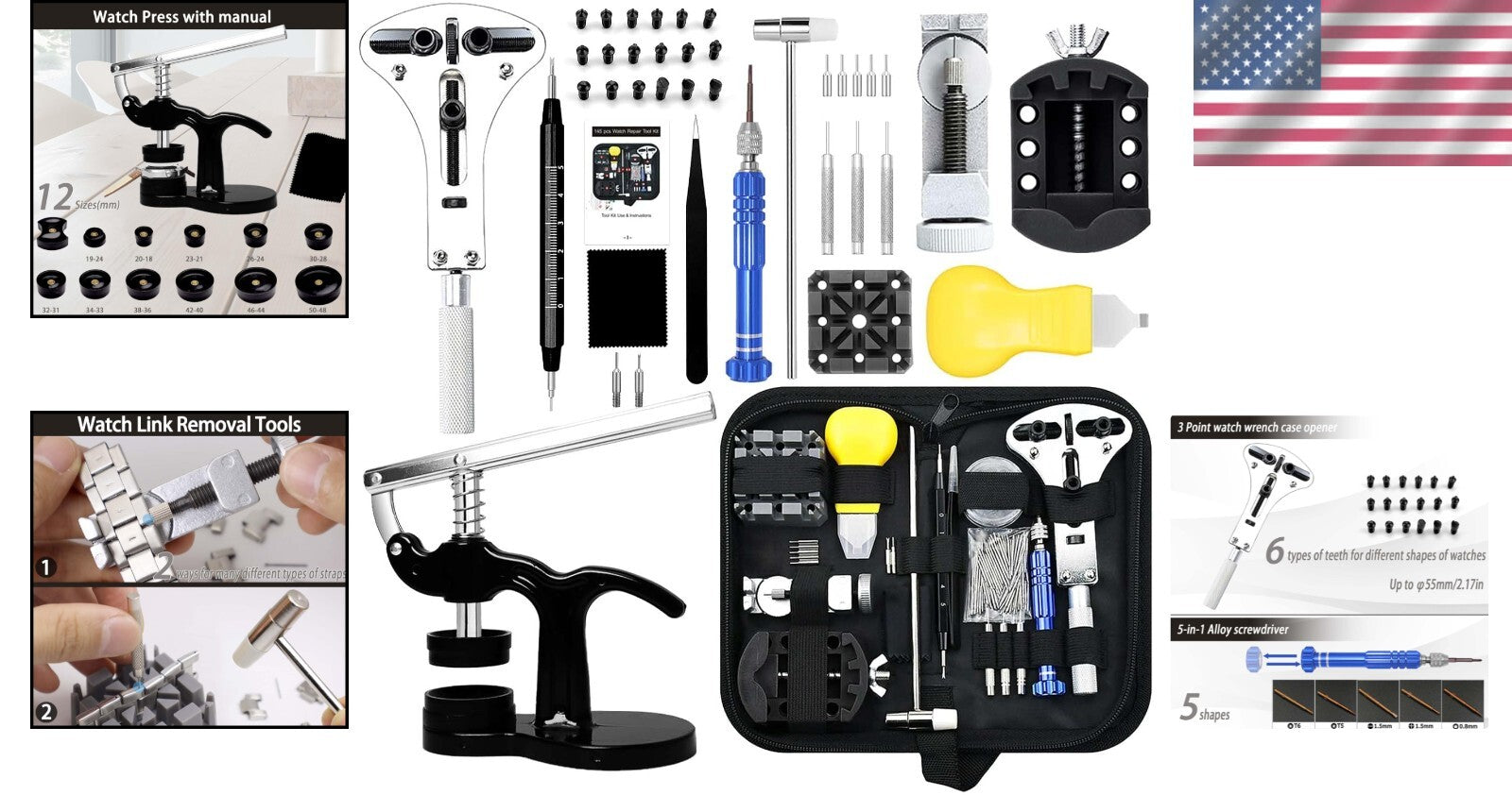 All-in-One Watch Repair Kit with Adjustable Case Opener & Link Removal Tools