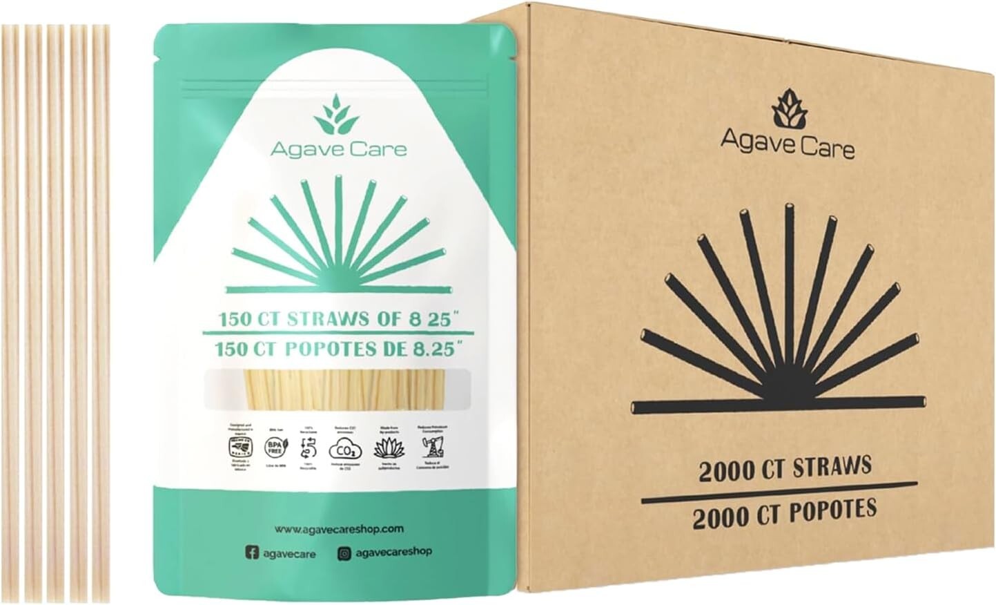 Eco-Friendly 2000-Pack 8.25" Compostable Agave Fiber Straws, Durable & Non-Toxic