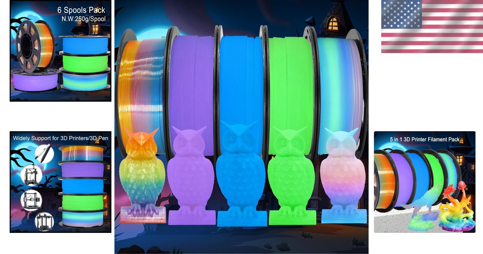 1.25kg Glow in Dark 3D Filament Bundle - 5 x 250g Spools for Creative Projects