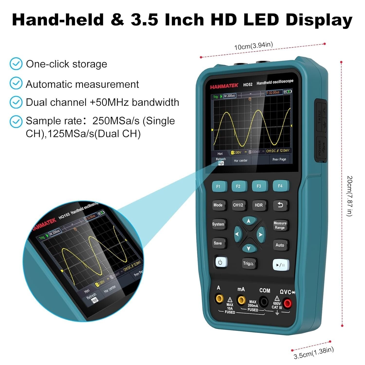 100MHz Bandwidth Handheld Digital Oscilloscope with Memory & USB Connectivity