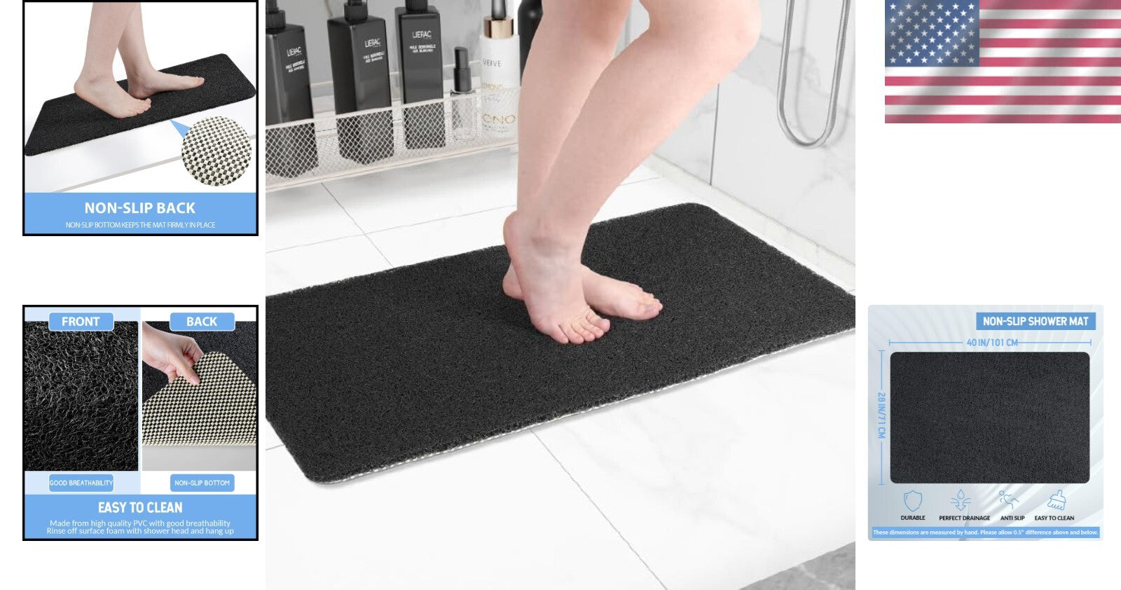 Anti-Slip Foot Scrubber Mat for Bathtub & Shower - Fast-Drying Design 40"x28"