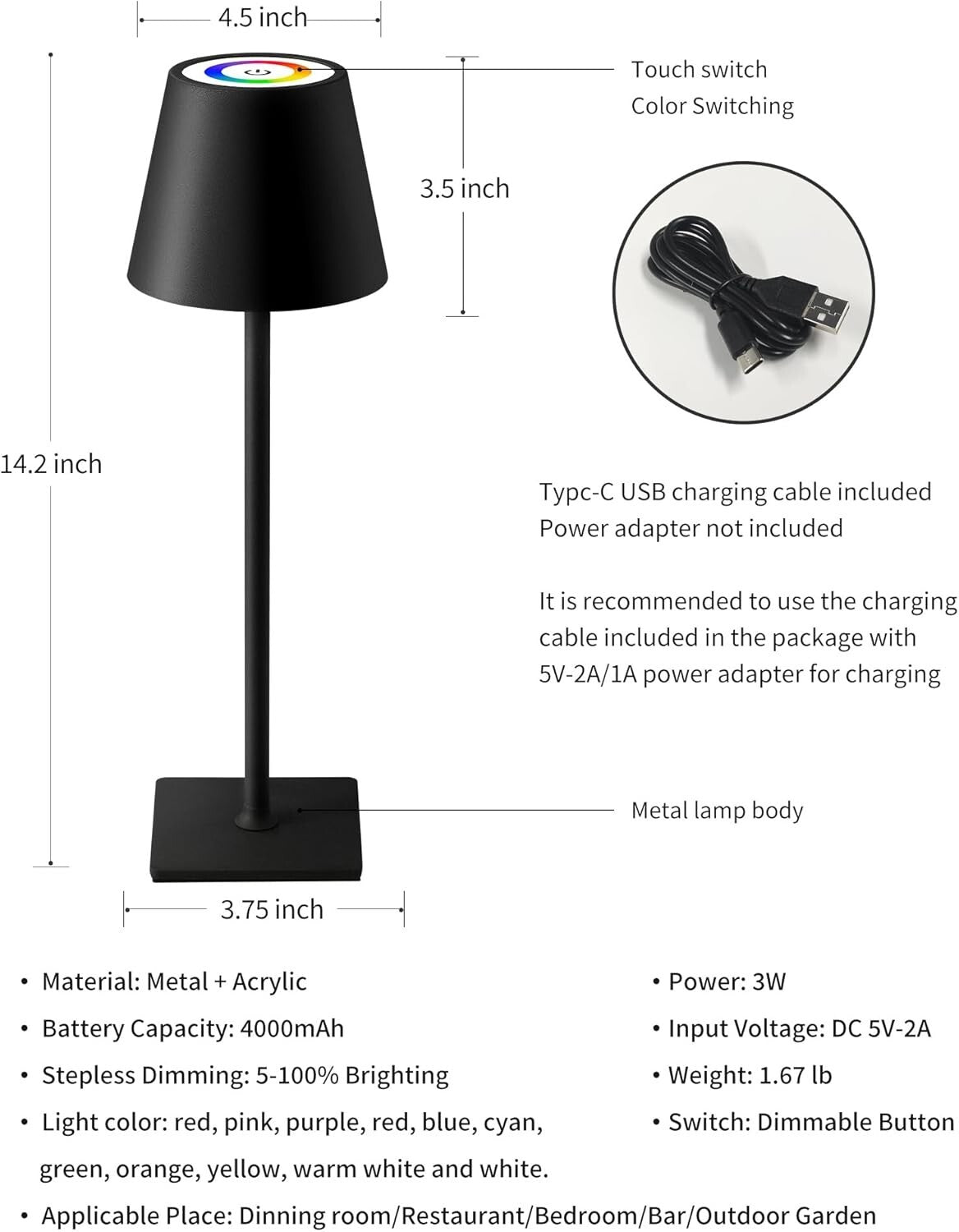 2 Pack Portable Cordless Table Lamp with RGB Stepless Dimming - 14.2 Inch Black