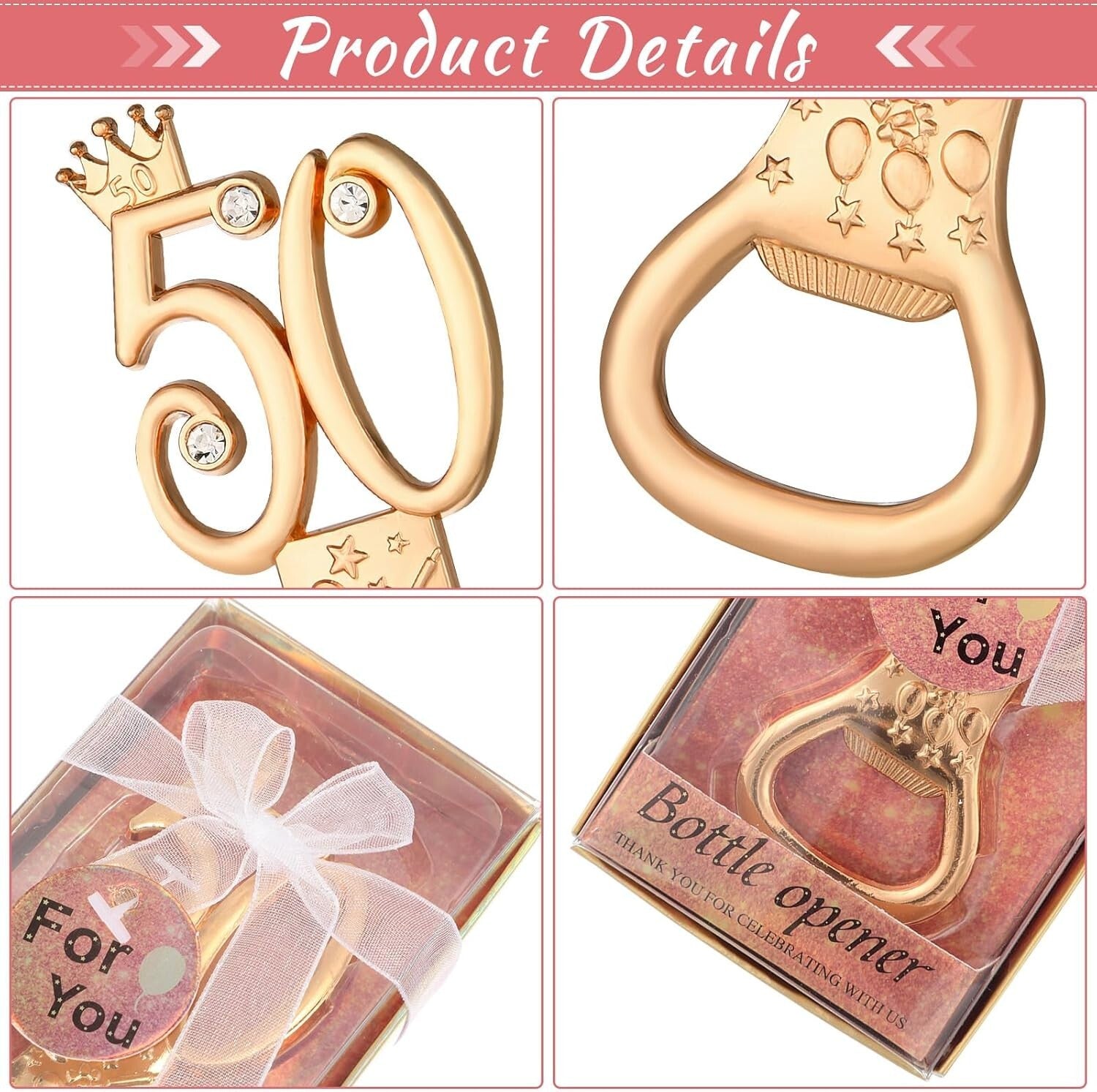 Elegant 50th Anniversary Bottle Openers - Rose Gold with Rhinestones, 50 Pcs Set