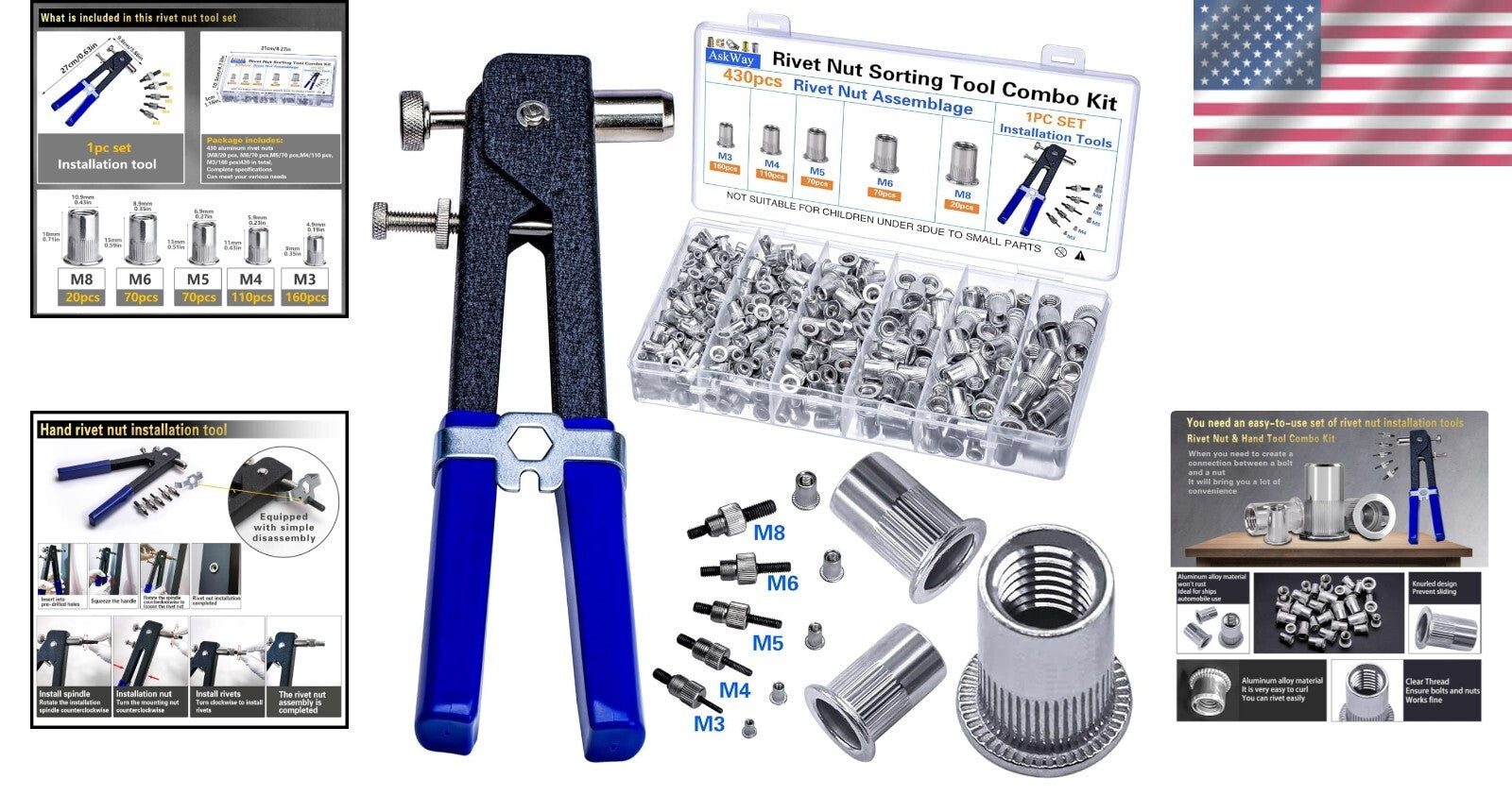 Lightweight 430PCS Rivet Nut Kit with Clear Storage Box - M3 to M8 Thread Sizes