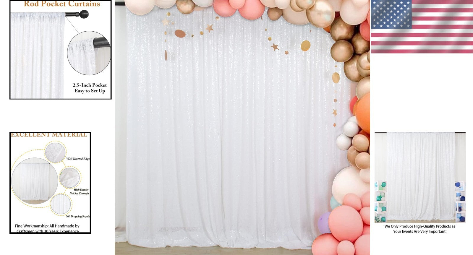 8FTx10FT White Sequin Fabric Backdrop - No Dropping Sequins for Parties