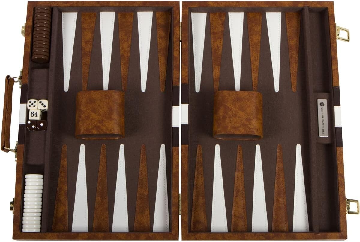 Compact Backgammon Set with Spare Chips – Travel-Ready Brown Leatherette Case