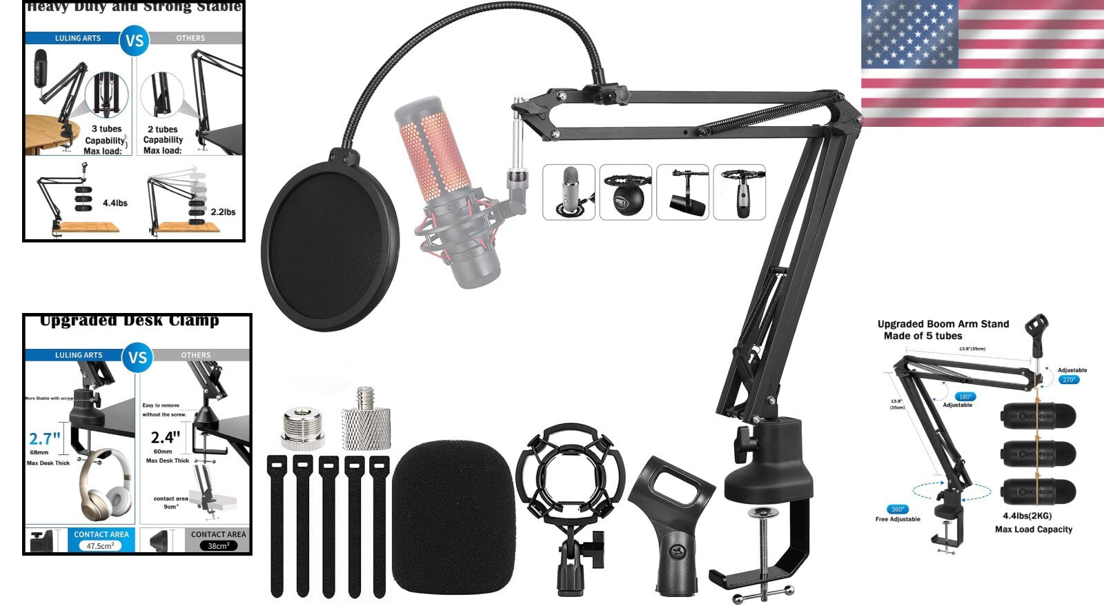 Adjustable Heavy-Duty Microphone Boom Arm with 5/8” and 1/4” Adapters Included
