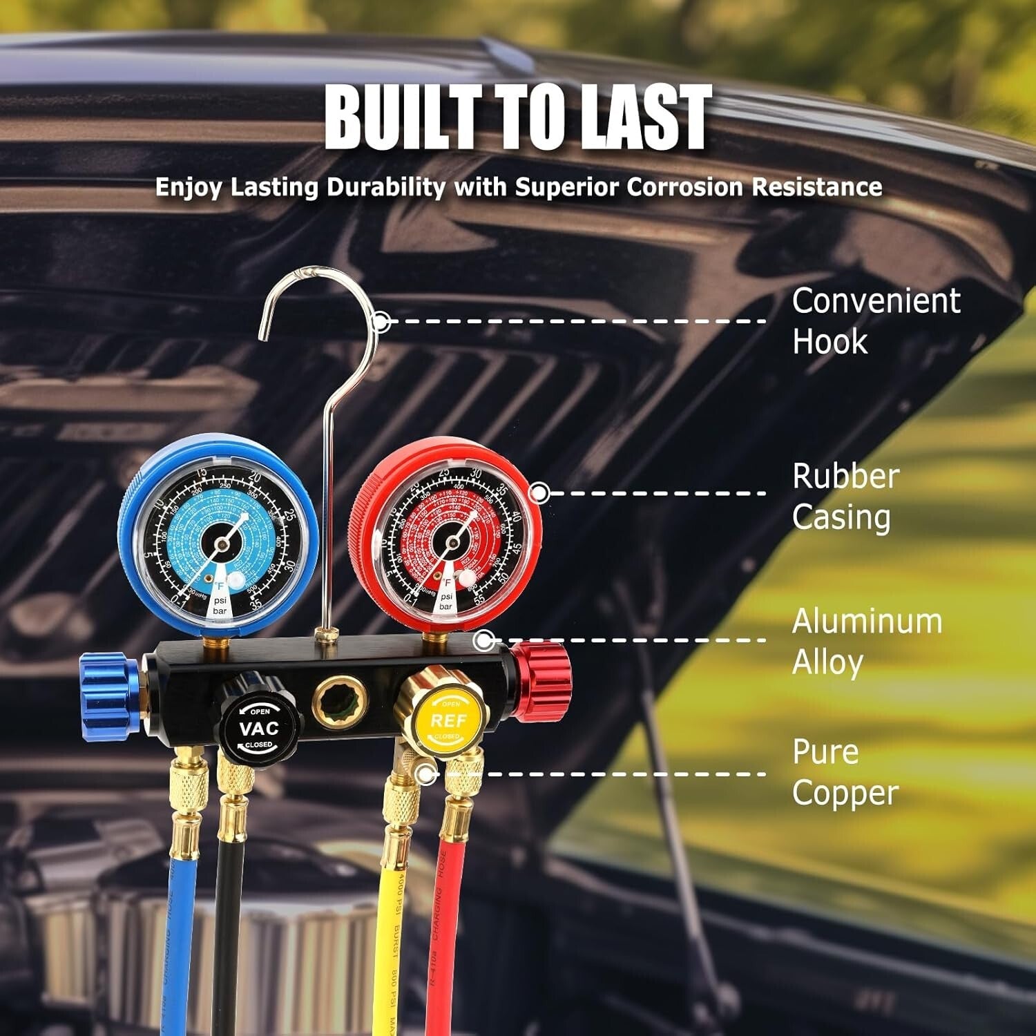 Multi-Refrigerant A/C Gauge Set with Brass Valves, 5FT Hose & 3 Tank Adapters