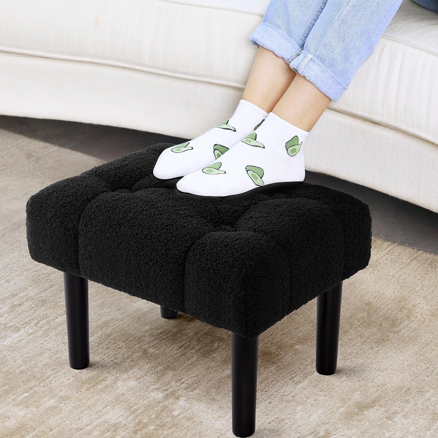 Elegant Jacquard Black Foot Rest Ottoman - Versatile Design for Modern Homes