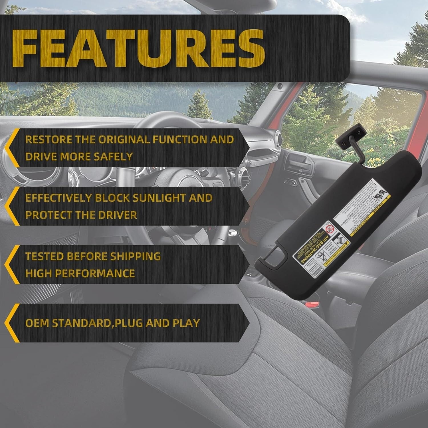 Durable Black Sun Visor for 2007-2018 Jeep Wrangler JK - Improved Bayonet Torque