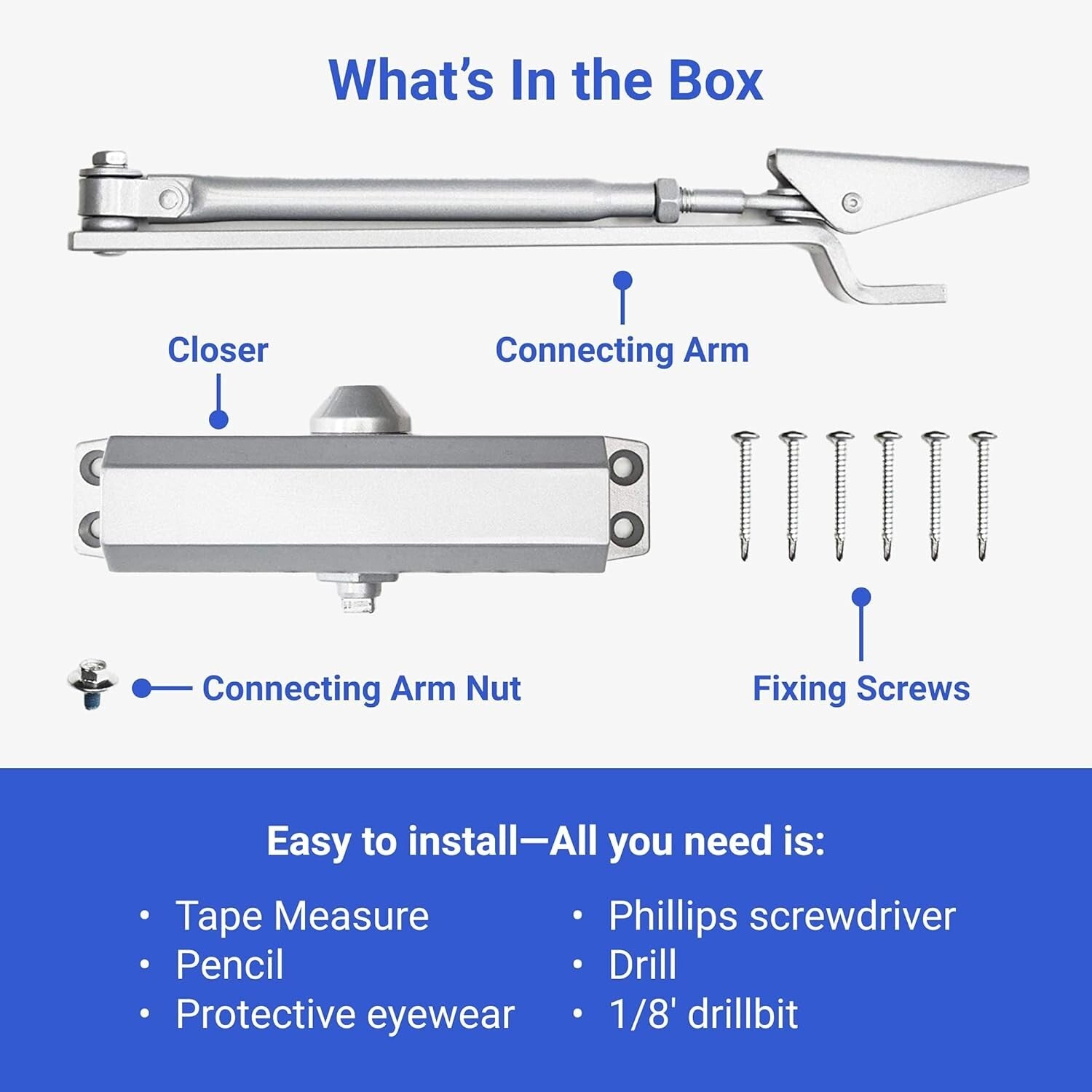 Adjustable Silver Hydraulic Door Closer - UL Certified for Home or Business