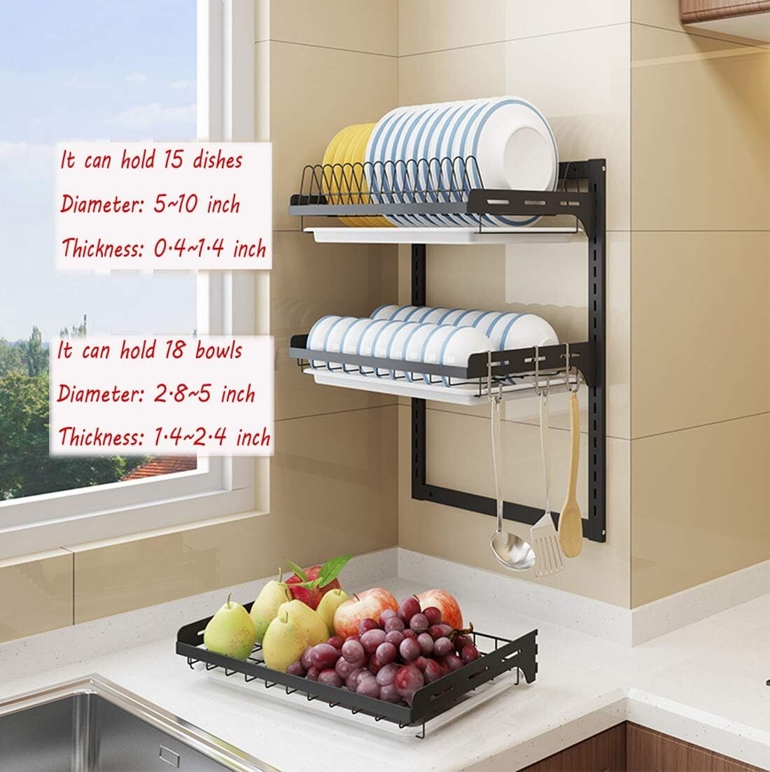 3-Tier Black Stainless Steel Dish Rack with Utensil Holder - Space-Saving Design