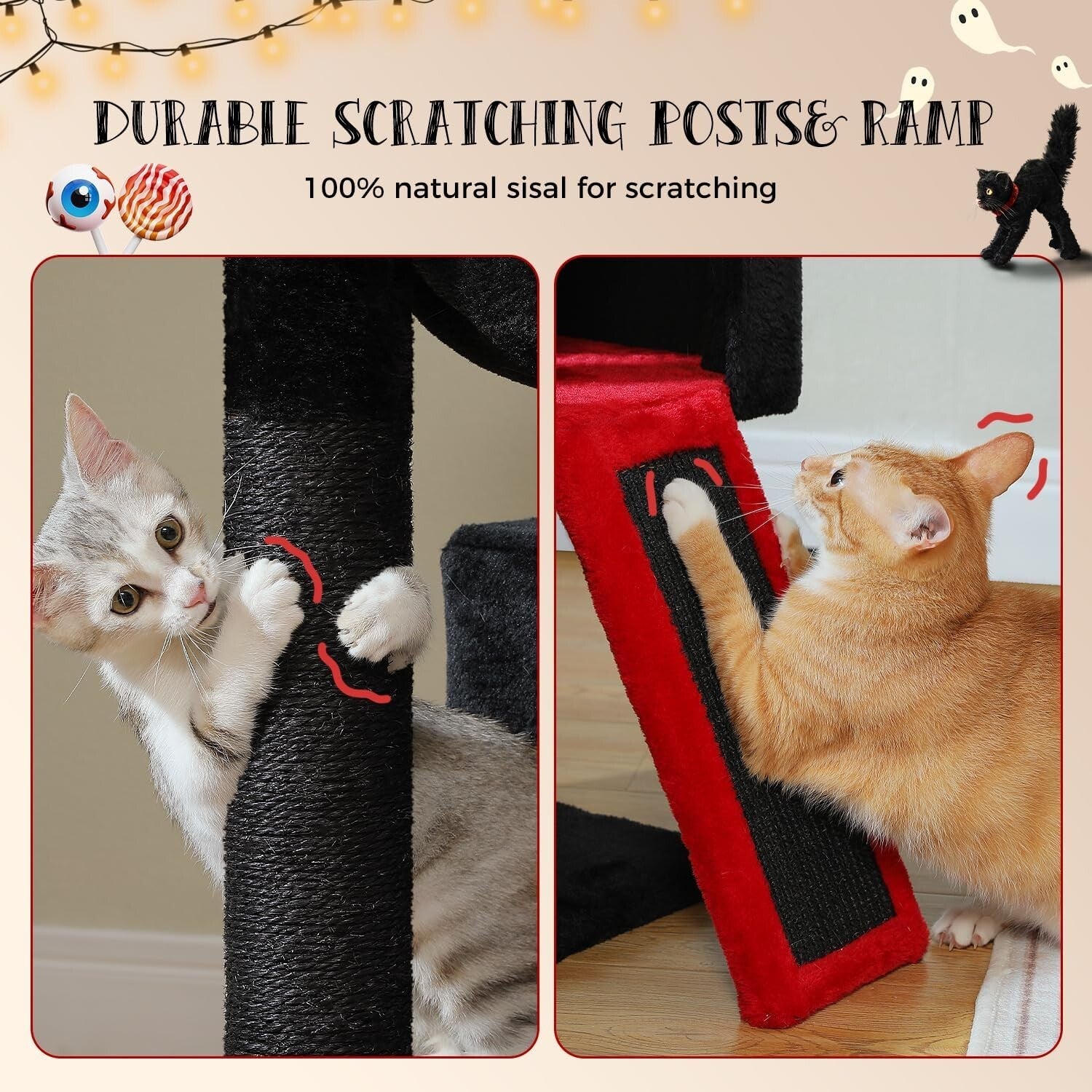 Large Black Cat Tower - 41" Gothic Style with Padded Perch and Scratching Pad