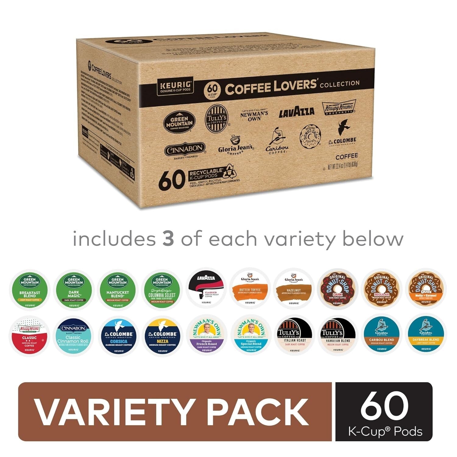 Diverse K-Cup Pod Collection - 60 Single Serve Pods from Renowned Coffee Brands