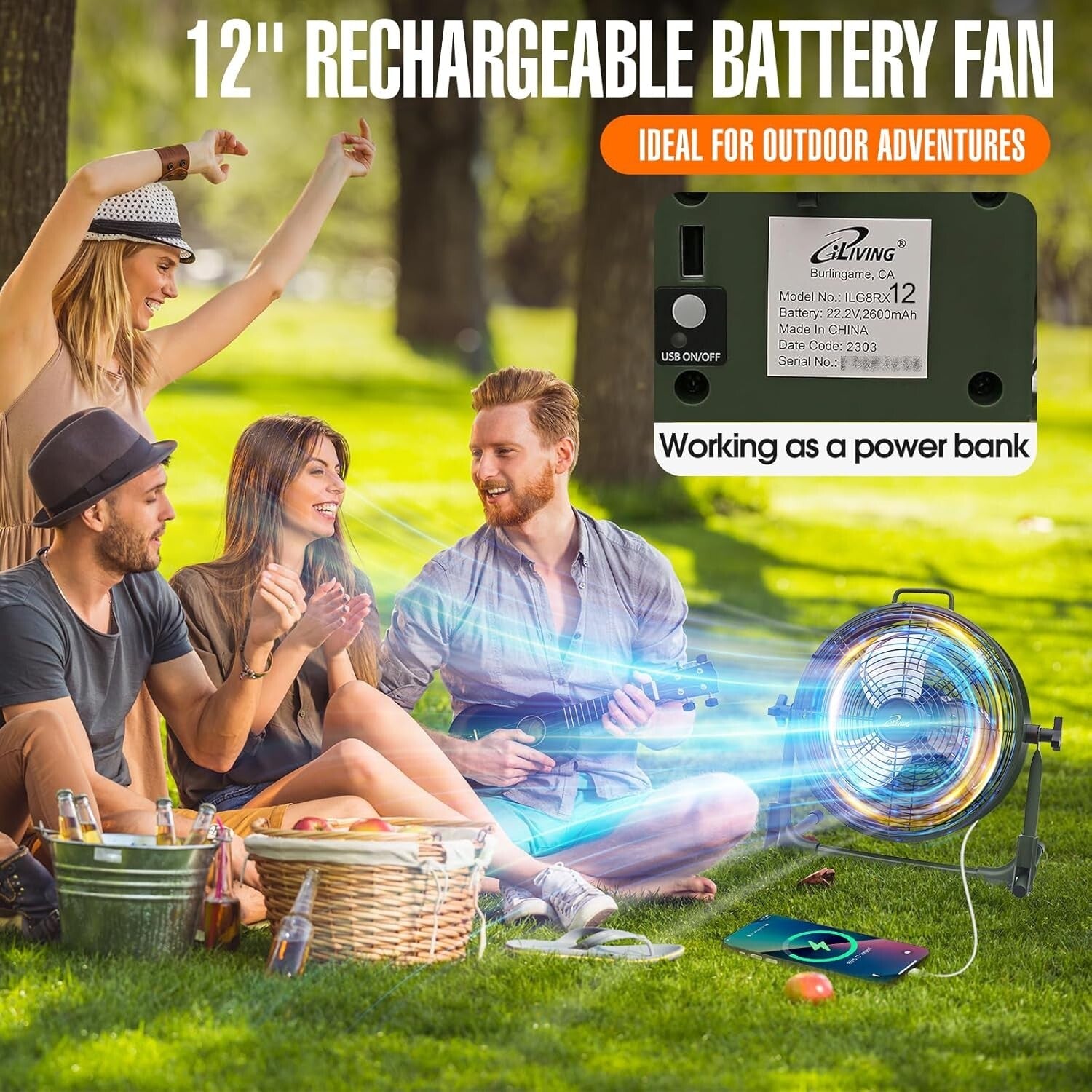 Portable Camping Floor Fan - Rechargeable 12-Inch Metal Blade High Velocity Fan