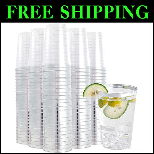 Sturdy 12 oz Clear Plastic Cups with Silver Rim - Perfect for Weddings & Events