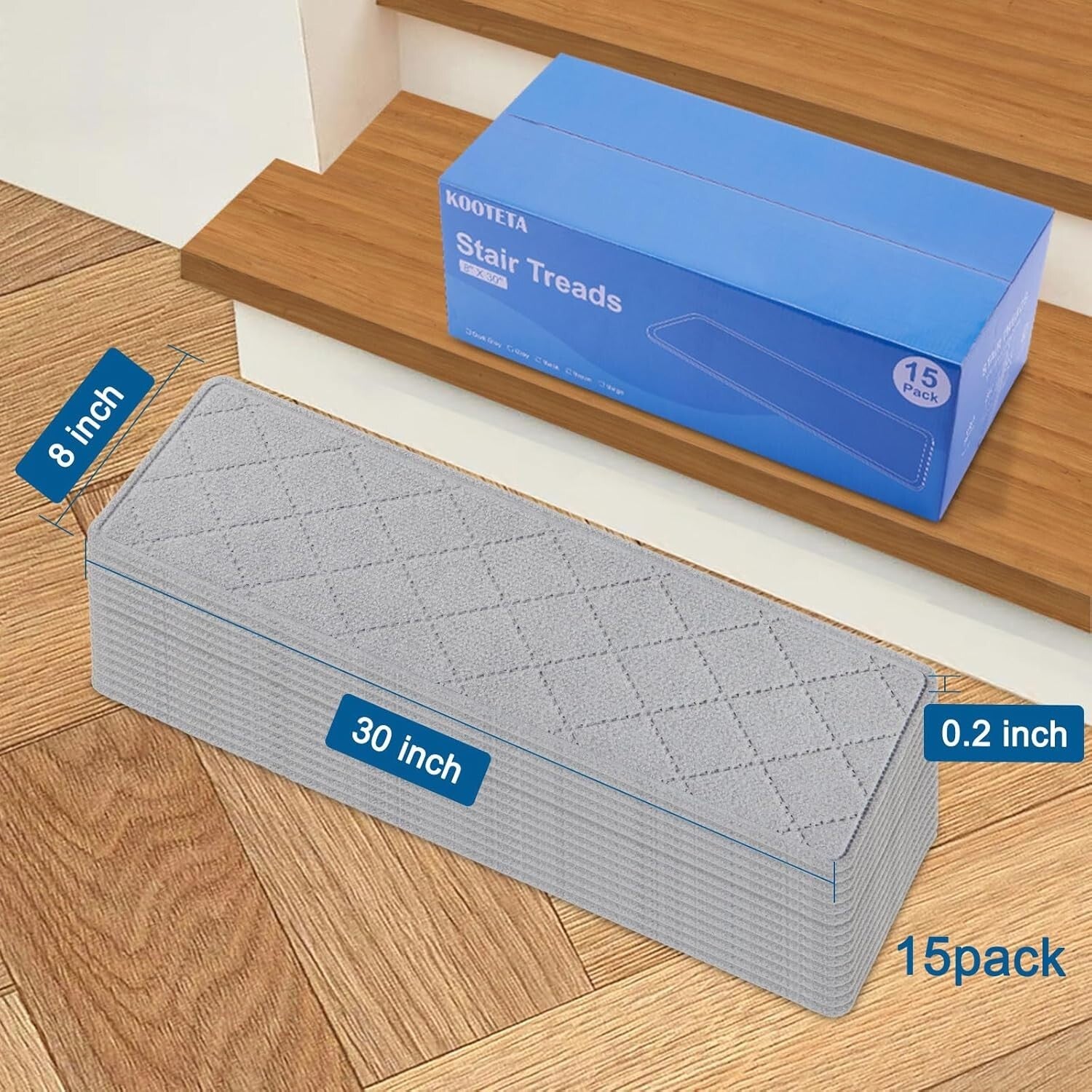 Durable 8"x30" Non-Slip Stair Treads for Wooden Steps - 15 Pack - Elegant Grey