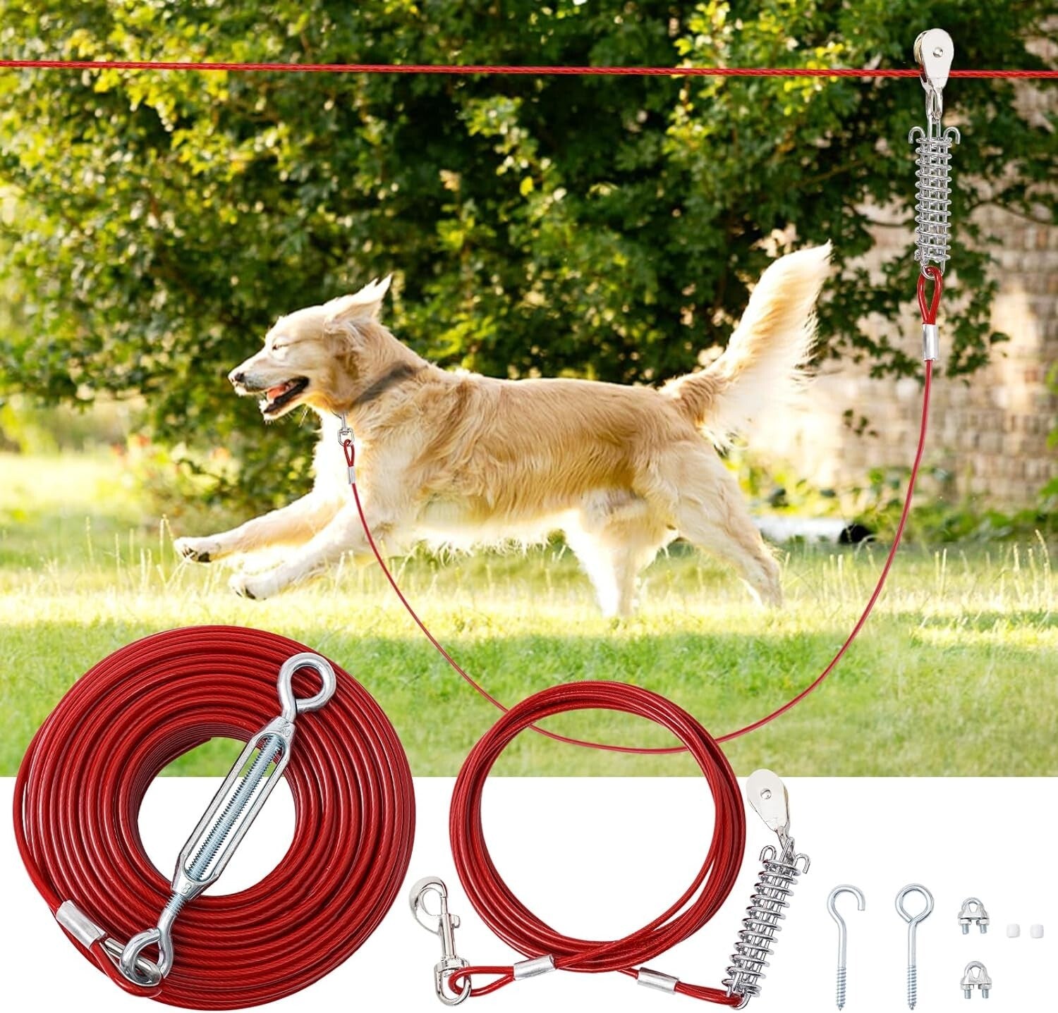 Durable Outdoor Dog Runner with Shock Absorbing Spring & Tangle-Free Clip