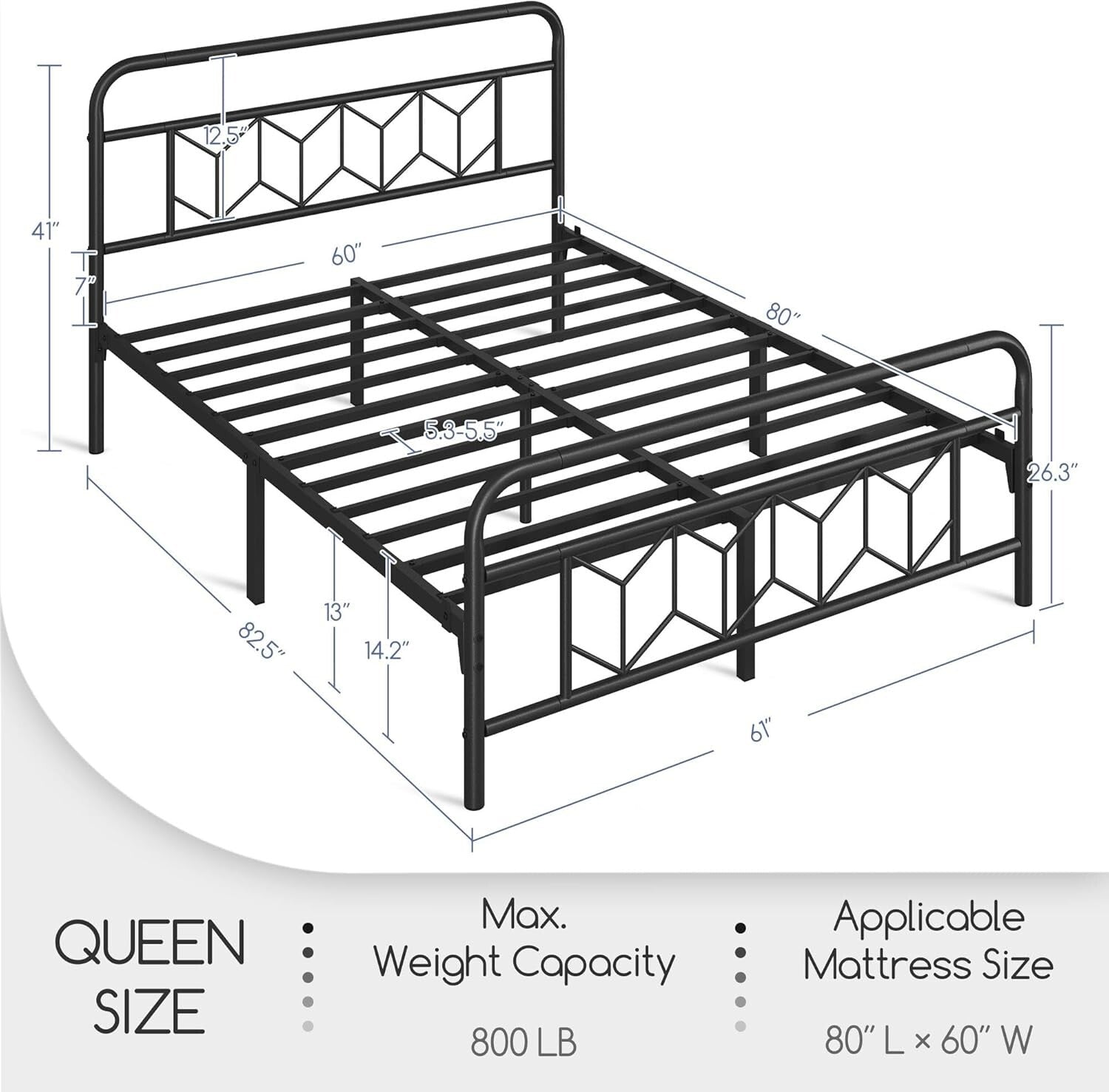 Heavy-Duty Queen Bed Frame with Squeak-Resistant Slat Support - 800 lbs Capacity