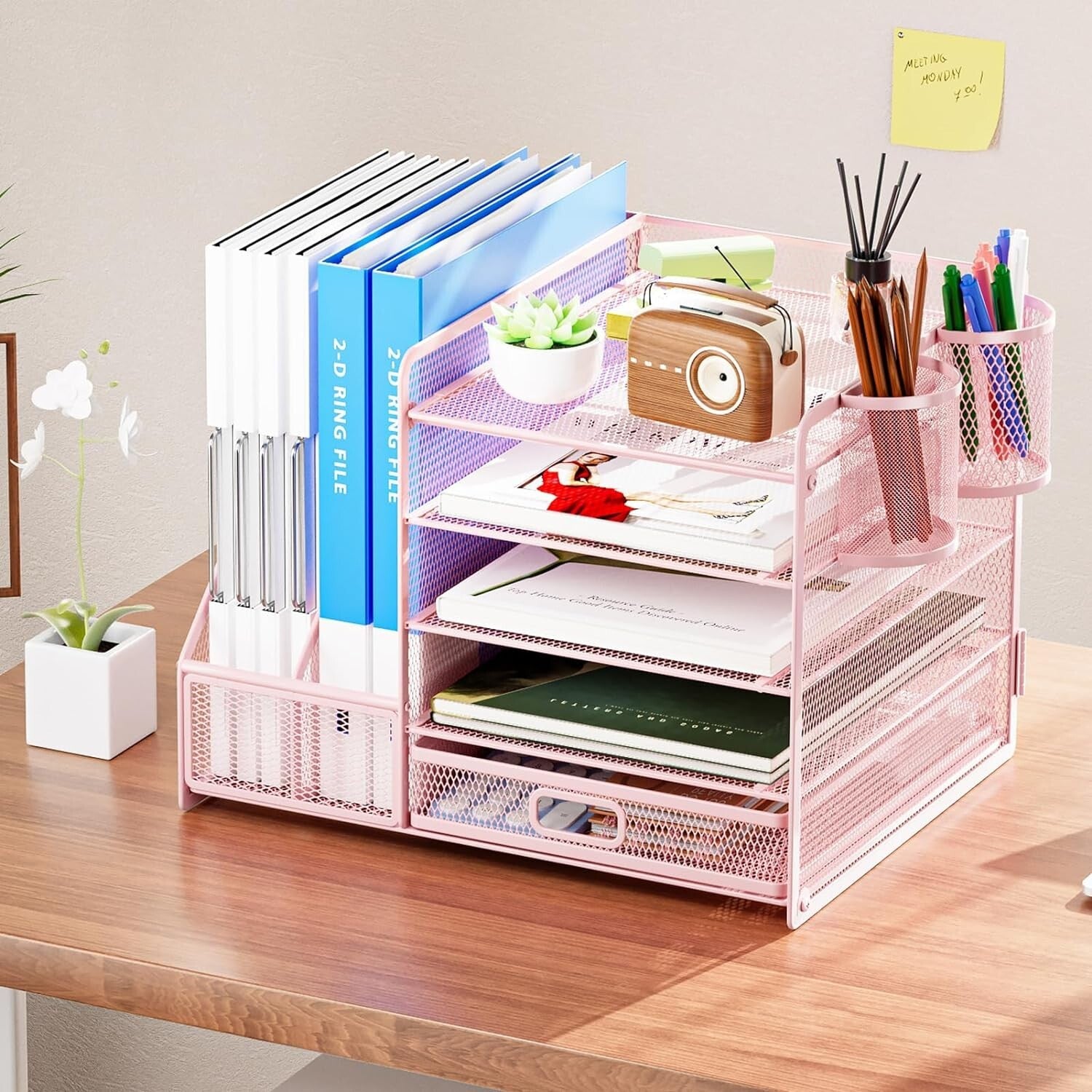 Elevate Your Office with a 5-Tier Pink Mesh Desk Organizer and Storage Drawer