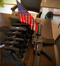 Load image into Gallery viewer, Compact Handgun Holder with Sculpted Wooden Rests - Fits Full Size and Revolvers
