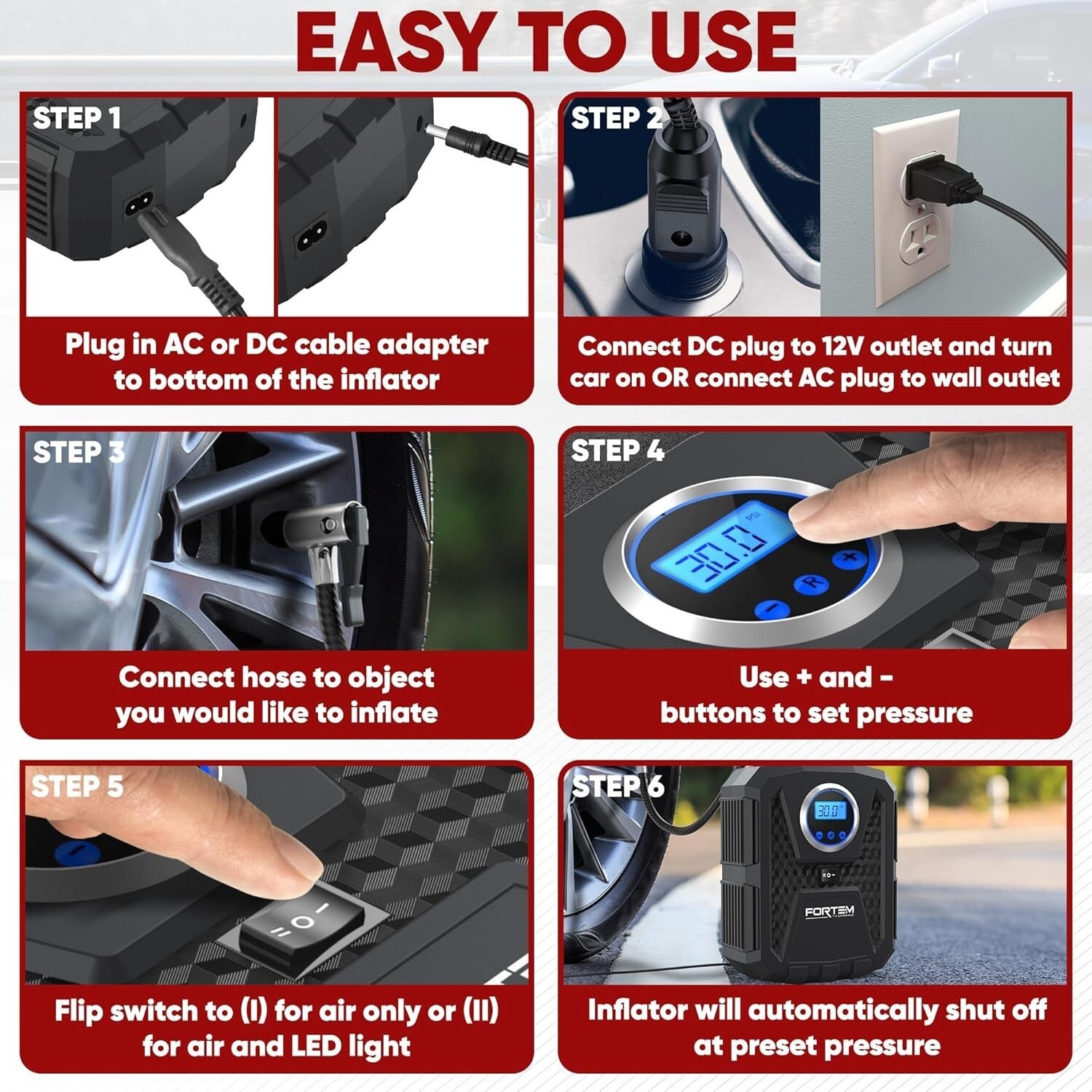 150 PSI Portable Tire Inflator with Digital Gauge & Auto Shut Off - Black