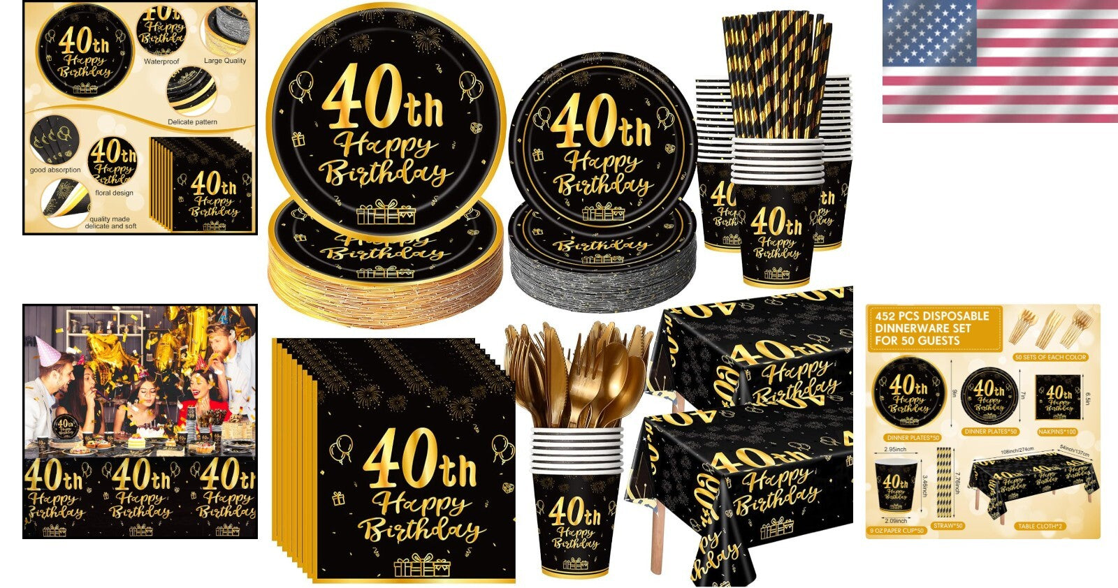 452 Pcs Black and Gold 40th Birthday Party Supplies - Classy Disposable Set