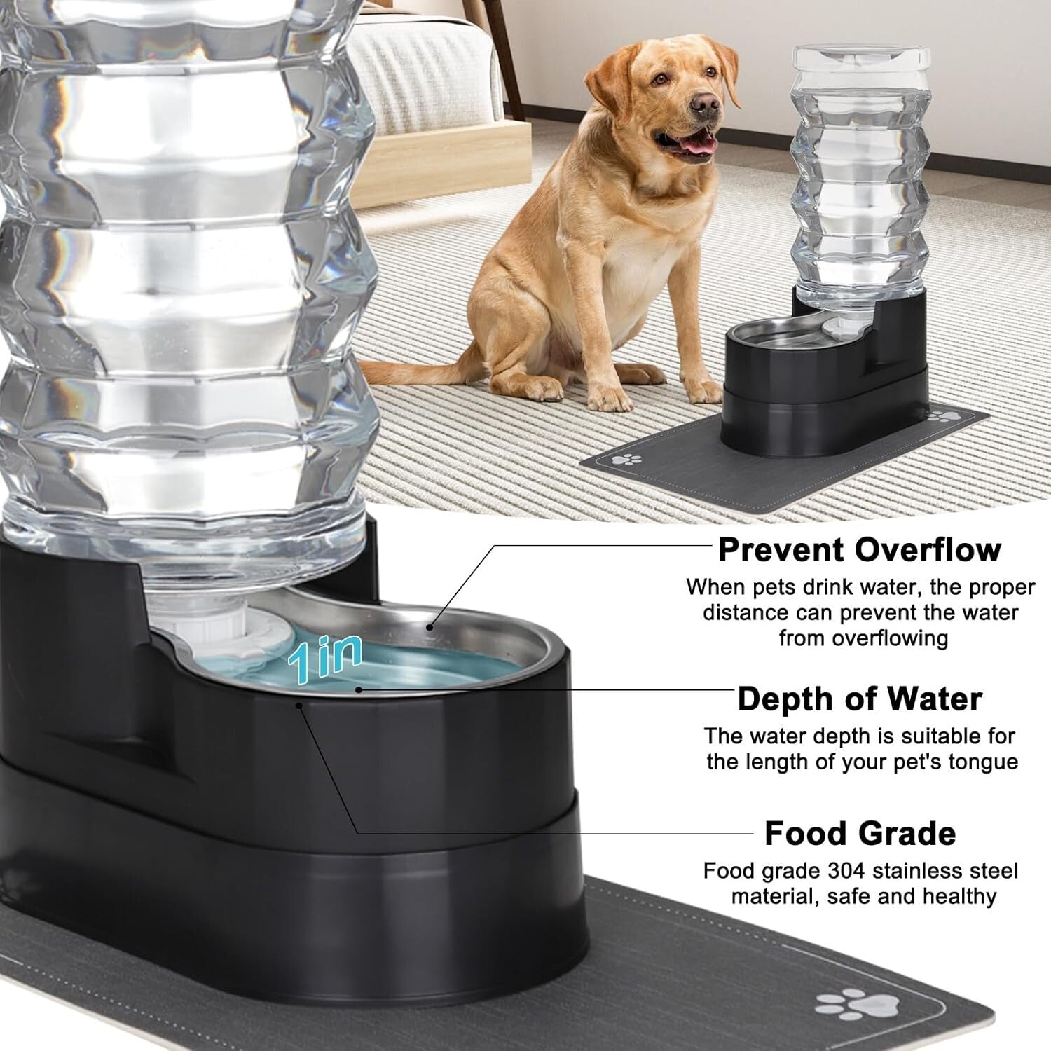 9L Automatic Gravity-Fed Pet Waterer for Large Dogs and Cats - Stainless Steel