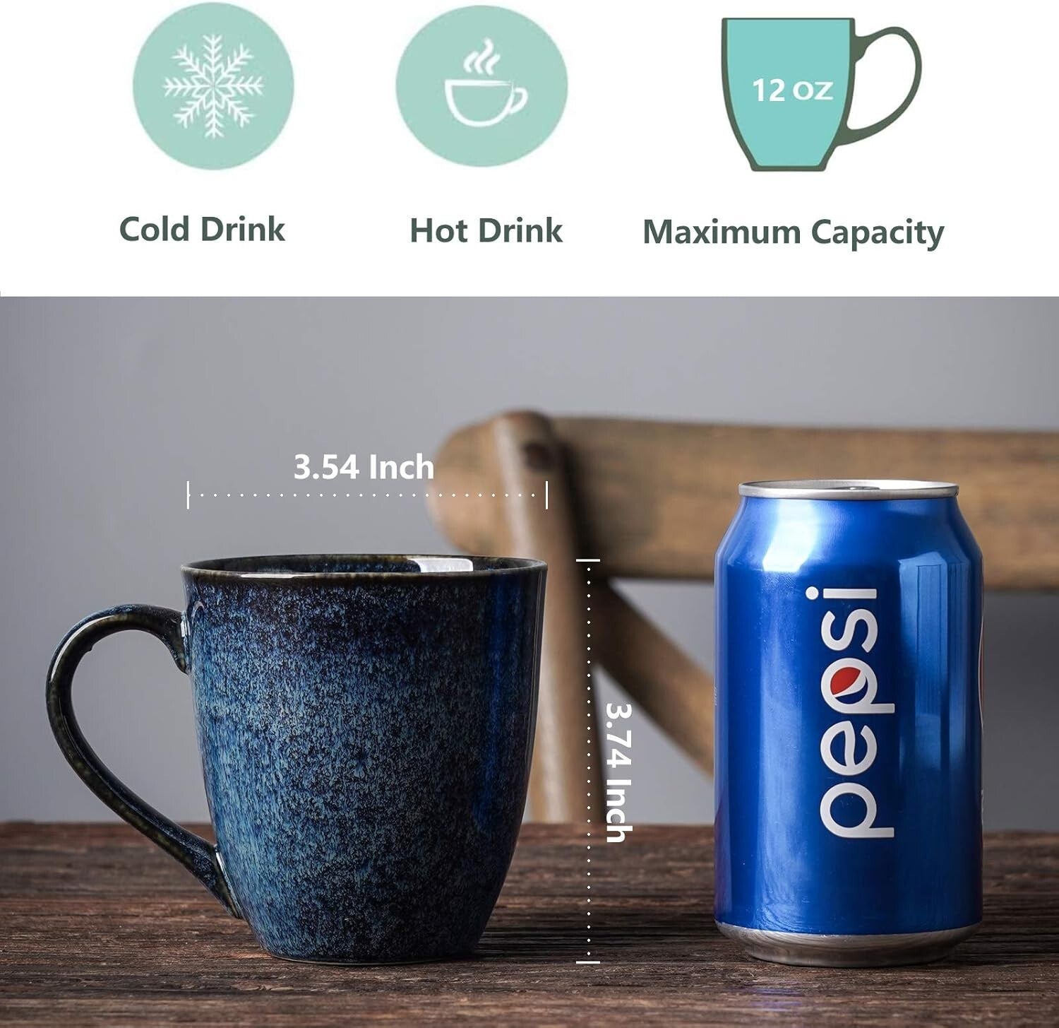 Durable 6-Piece Blue Ceramic Mug Set - 12 Ounce for Coffee, Tea, Milk