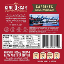 Load image into Gallery viewer, Convenient Canned Wild Caught Sardines in Olive Oil &amp; Spicy Pepper – 12 Count
