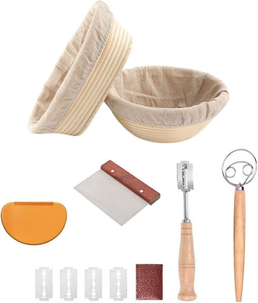Premium Rattan Banneton Proofing Basket Set with Whisk, Scrapers & Scoring Tool