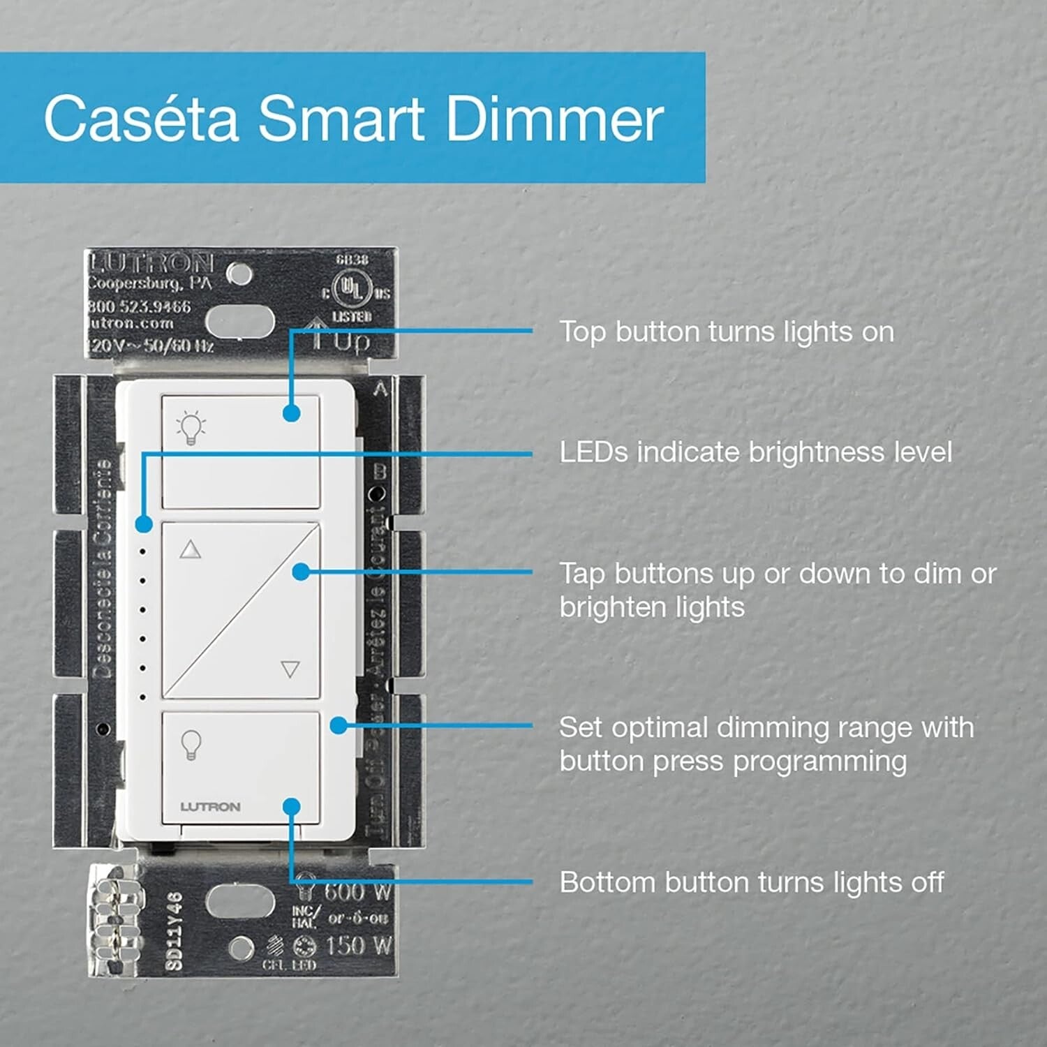 Smart Home Ready Caseta Dimmer Switch, 3-Pack, Easy Setup, 150W LED Compatible